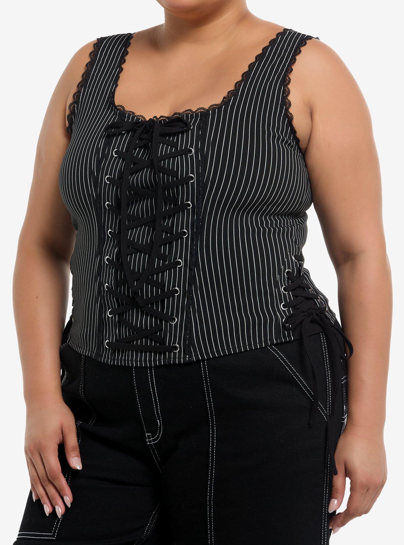 Black & White Pinstripe Lace-Up Corset Plus Size, , hi-res