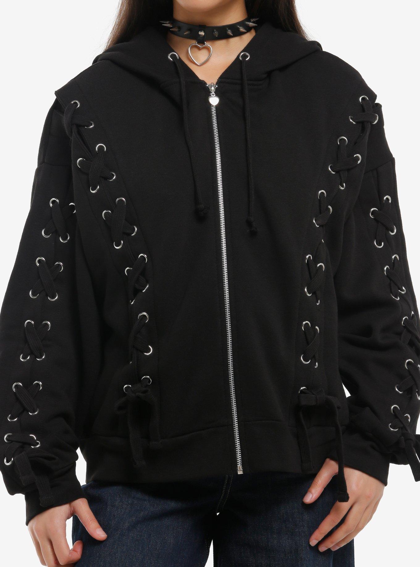 トップス h.ANARCHY Lace UP Destroy Pierce Hoodie Black Lace-Up Girls Hoodie | Hot Topic