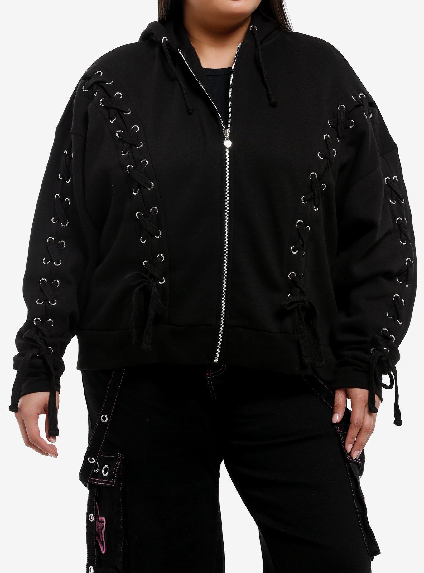 Black Lace-Up Girls Hoodie Plus Size, BLACK, hi-res