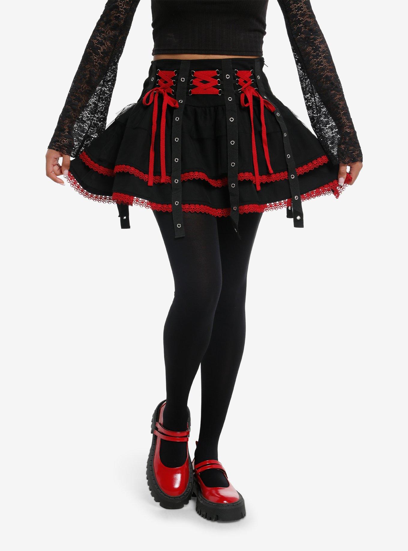 Black & Red Lace-Up Grommet Tiered Skirt, , hi-res