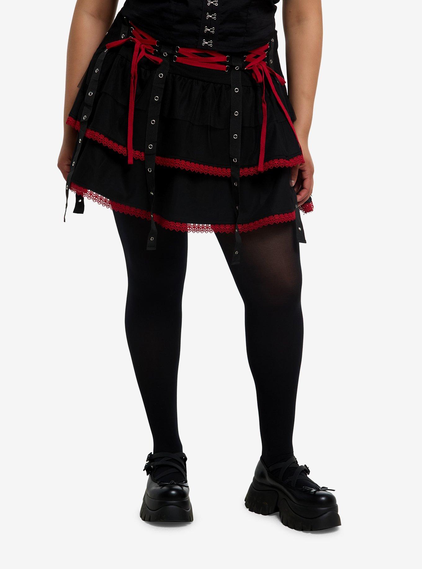 HOTTOPIC Black & Red Lace-Up Grommet Tiered Skirt Plus Size