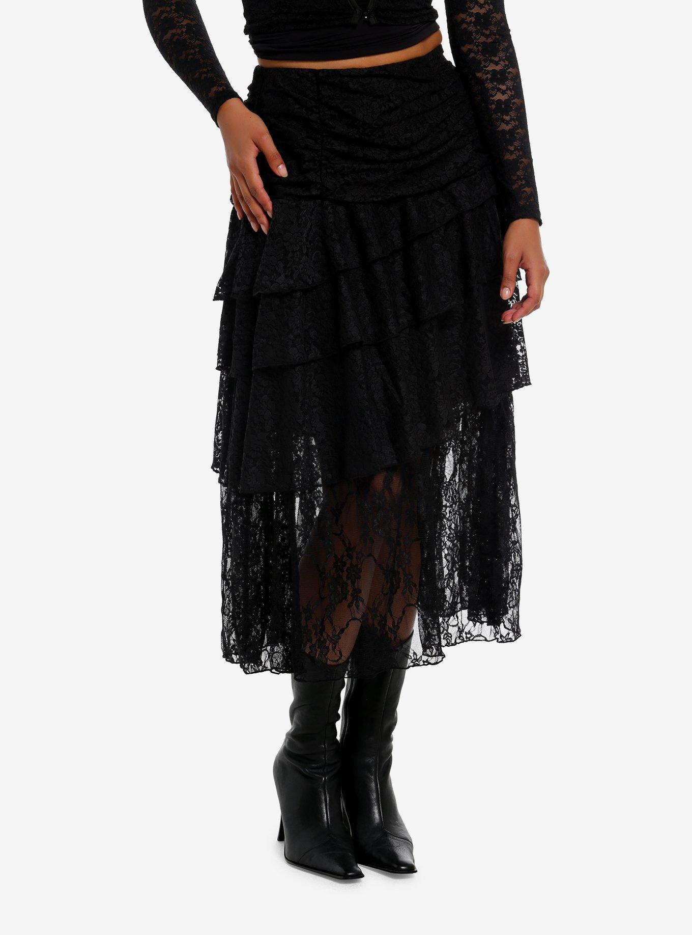 Thorn & Fable Black Lace Layered Midi Skirt, , hi-res