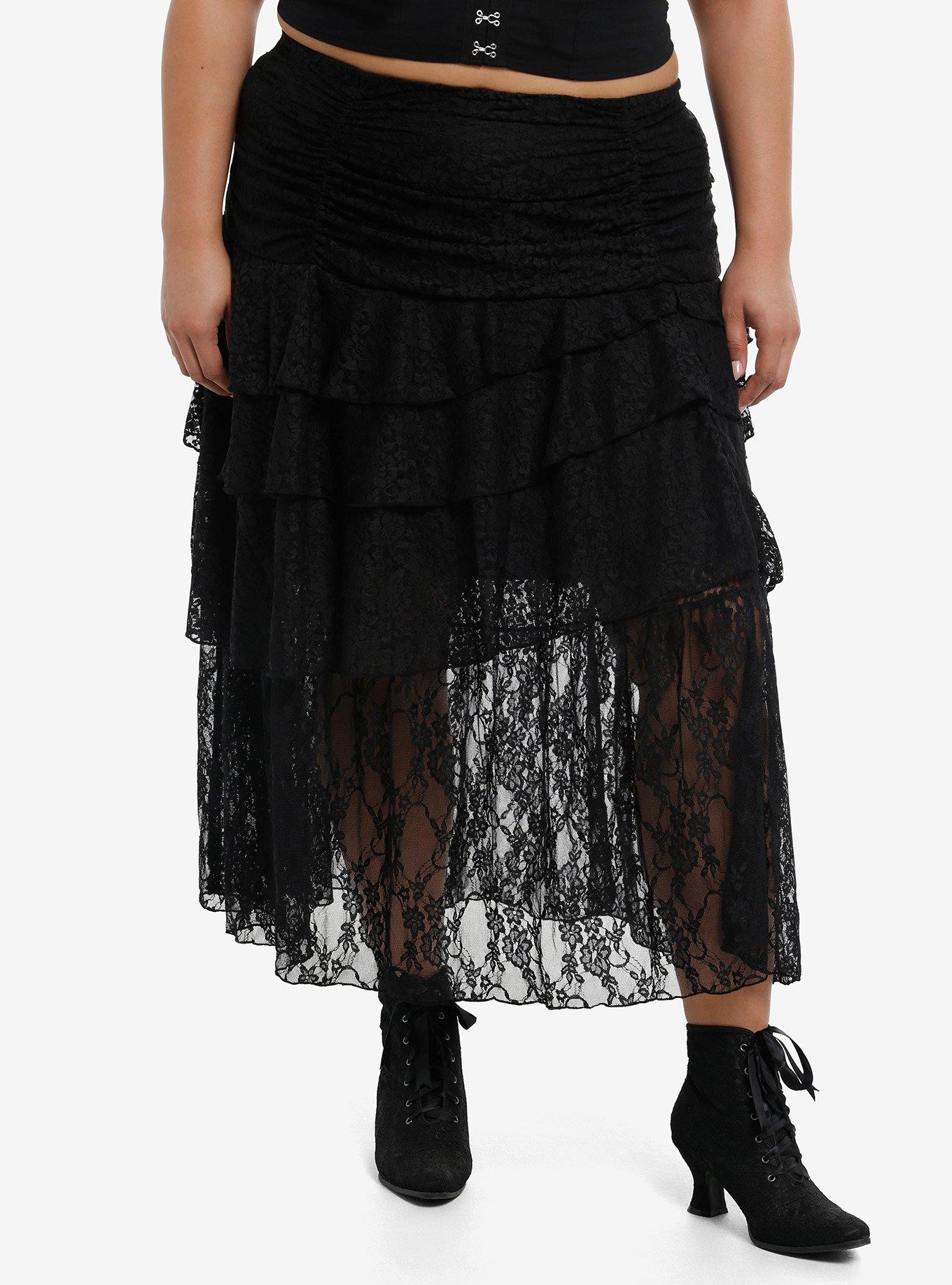 Thorn & Fable Black Lace Layered Midi Skirt Plus Size, , hi-res