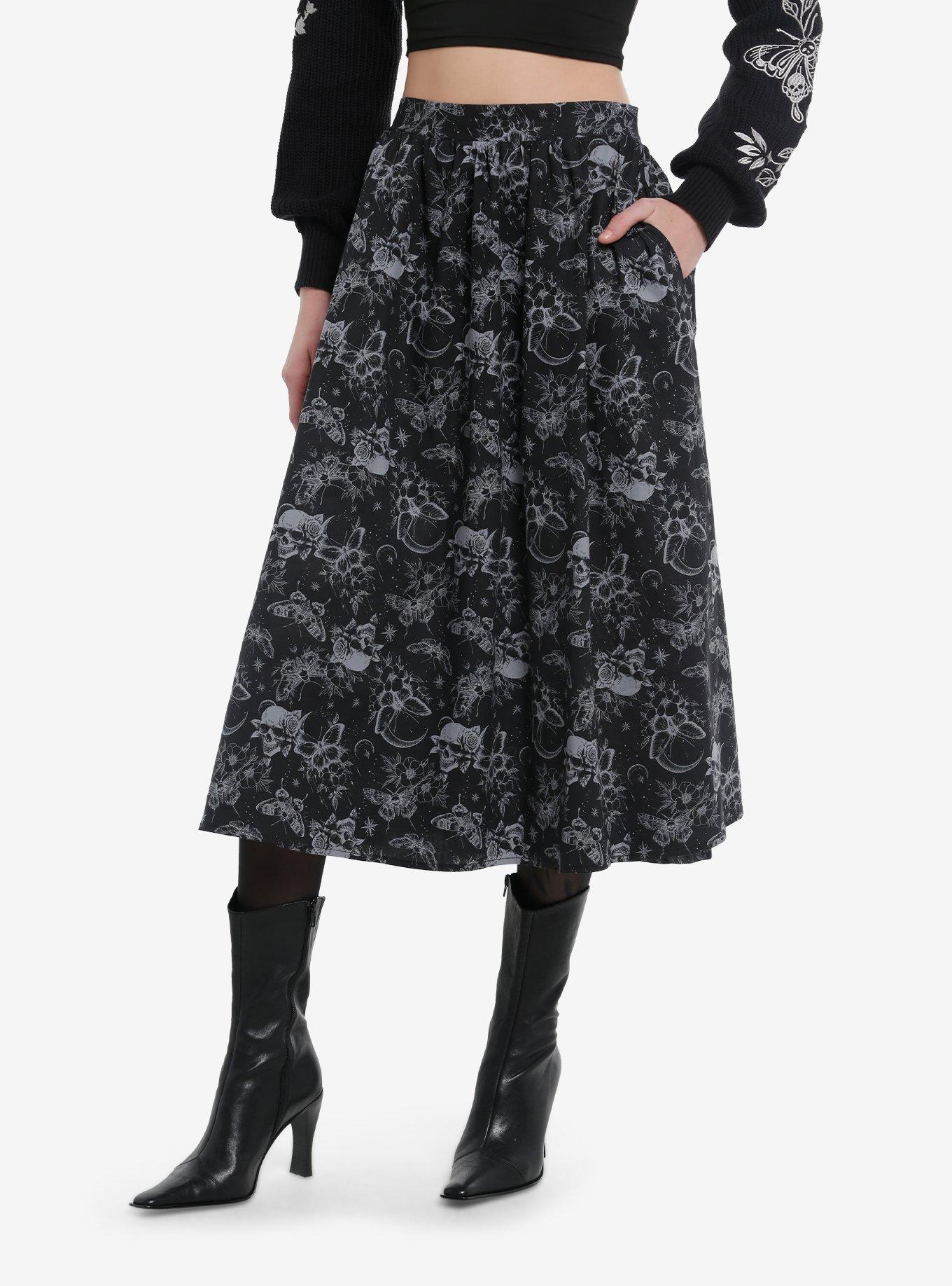 COSMICAURA Cosmic Aura Moths & Skulls Flare Midi Skirt
