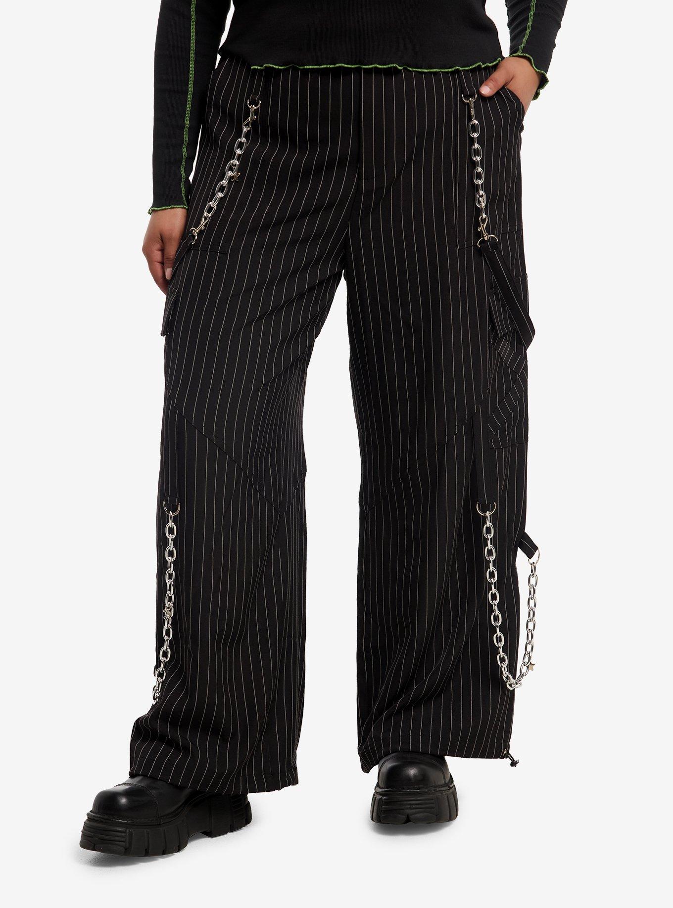 Black & White Pinstripe Suspender Chain Pants Plus Size, , hi-res
