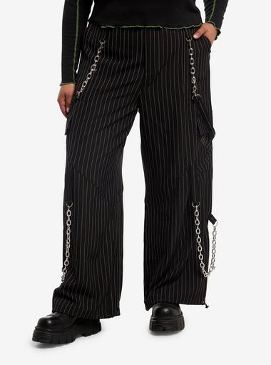 Black & White Pinstripe Suspender Chain Pants Plus Size | Hot Topic