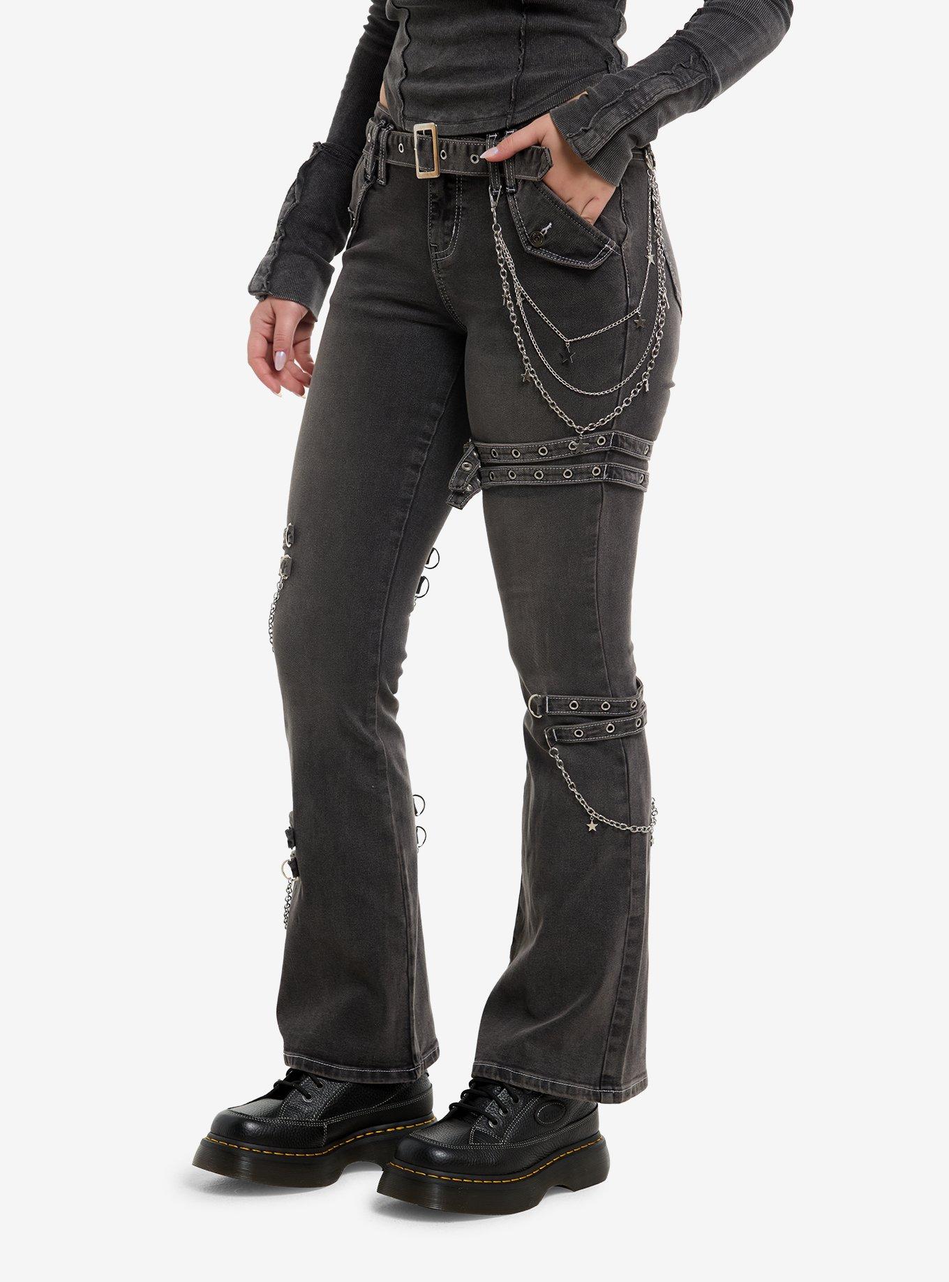 Faded Black Wash Grommets & Chains Flare Jeans