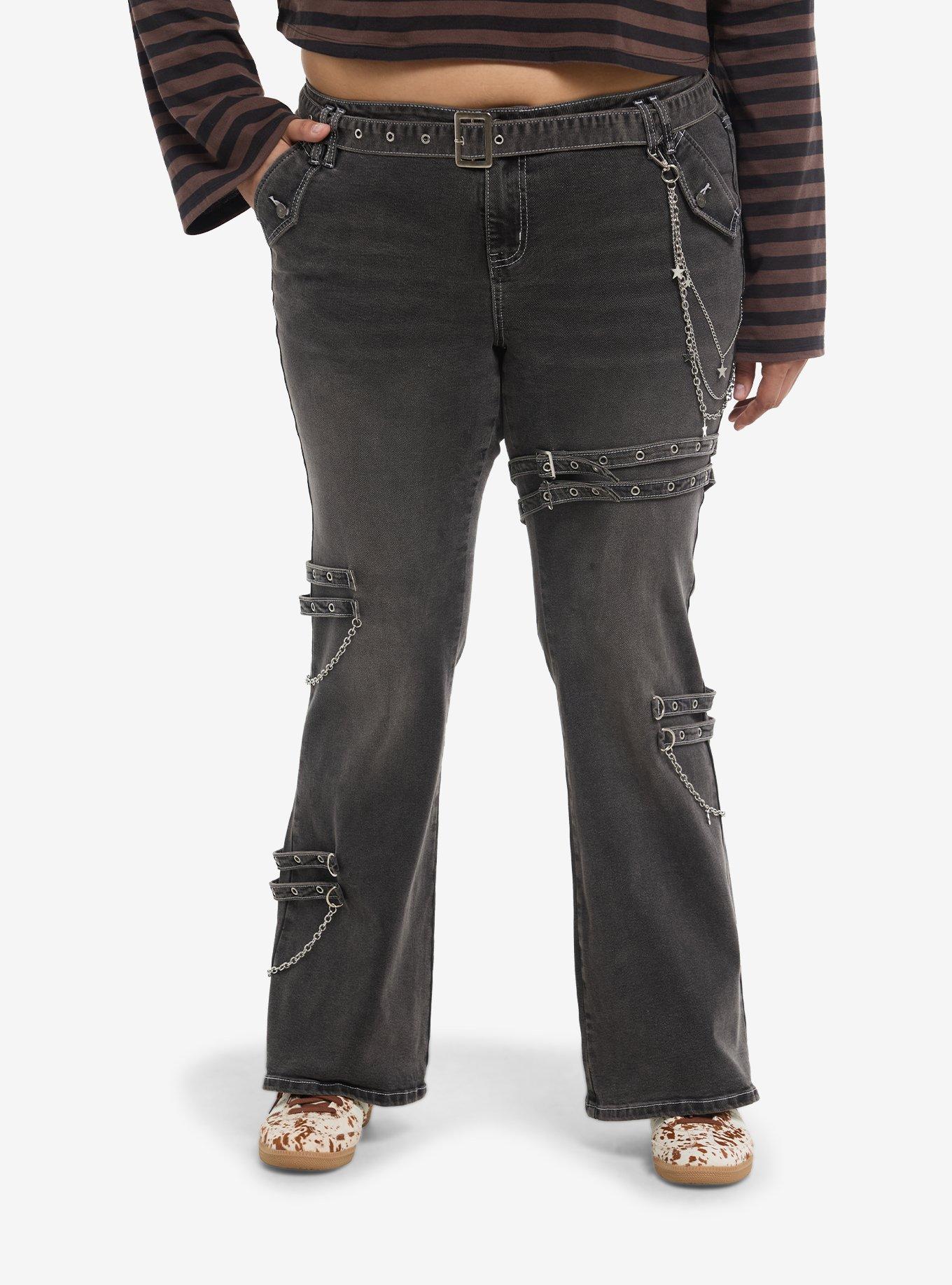 Faded Black Wash Grommets & Chains Flare Jeans Plus Size, , hi-res