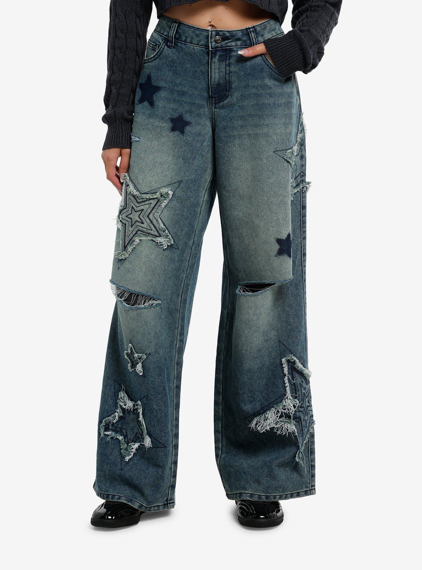 Indigo Vintage Wash Star Patch Girls Wide Leg Jeans, , hi-res