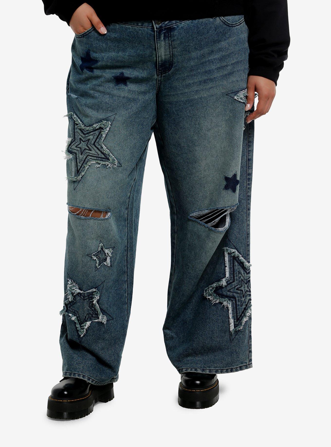 Indigo Vintage Wash Star Patch Girls Wide Leg Jeans Plus Size, , hi-res