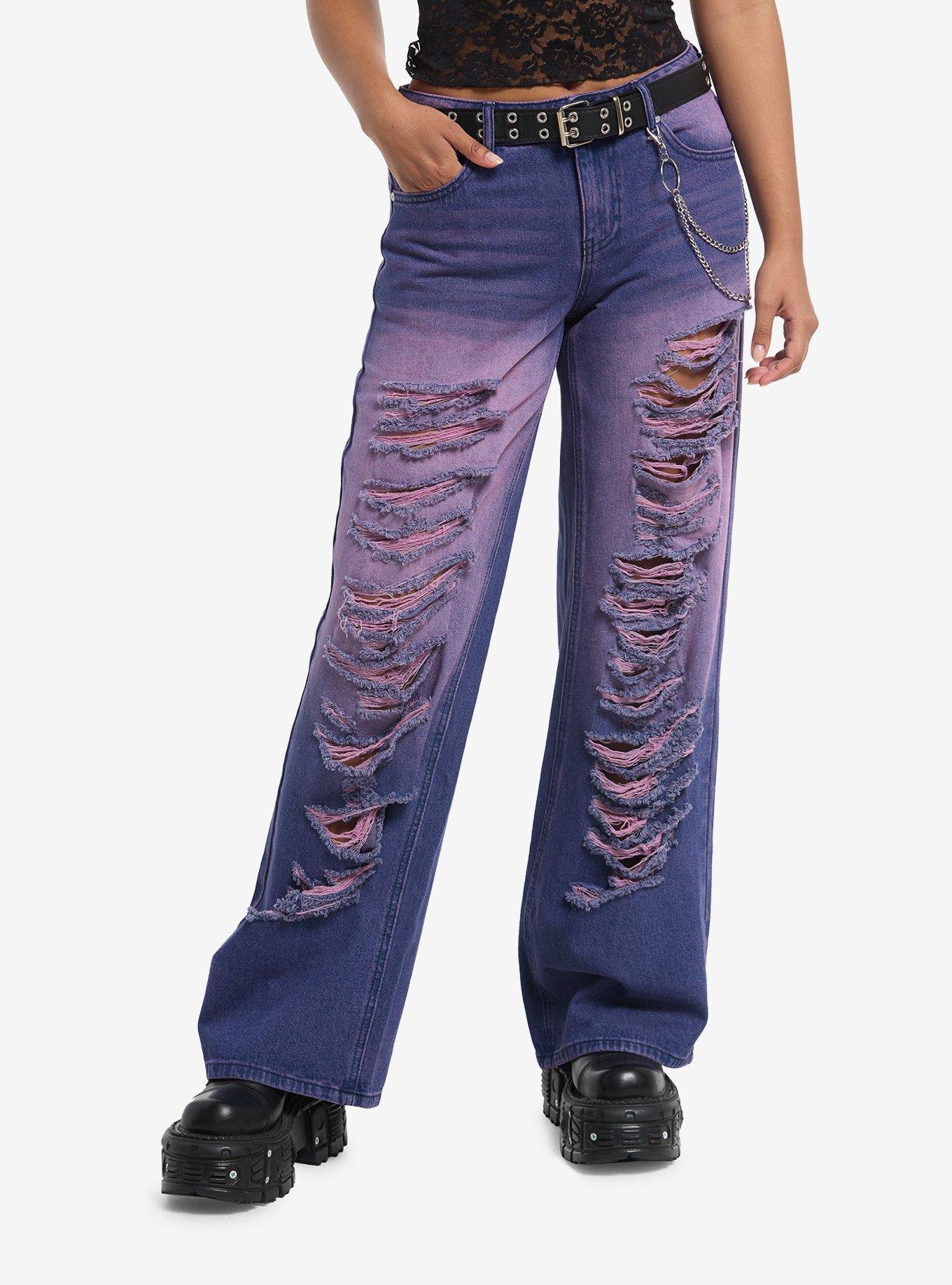 Purple Wash Destructed Girls Wide Leg Jeans, , hi-res