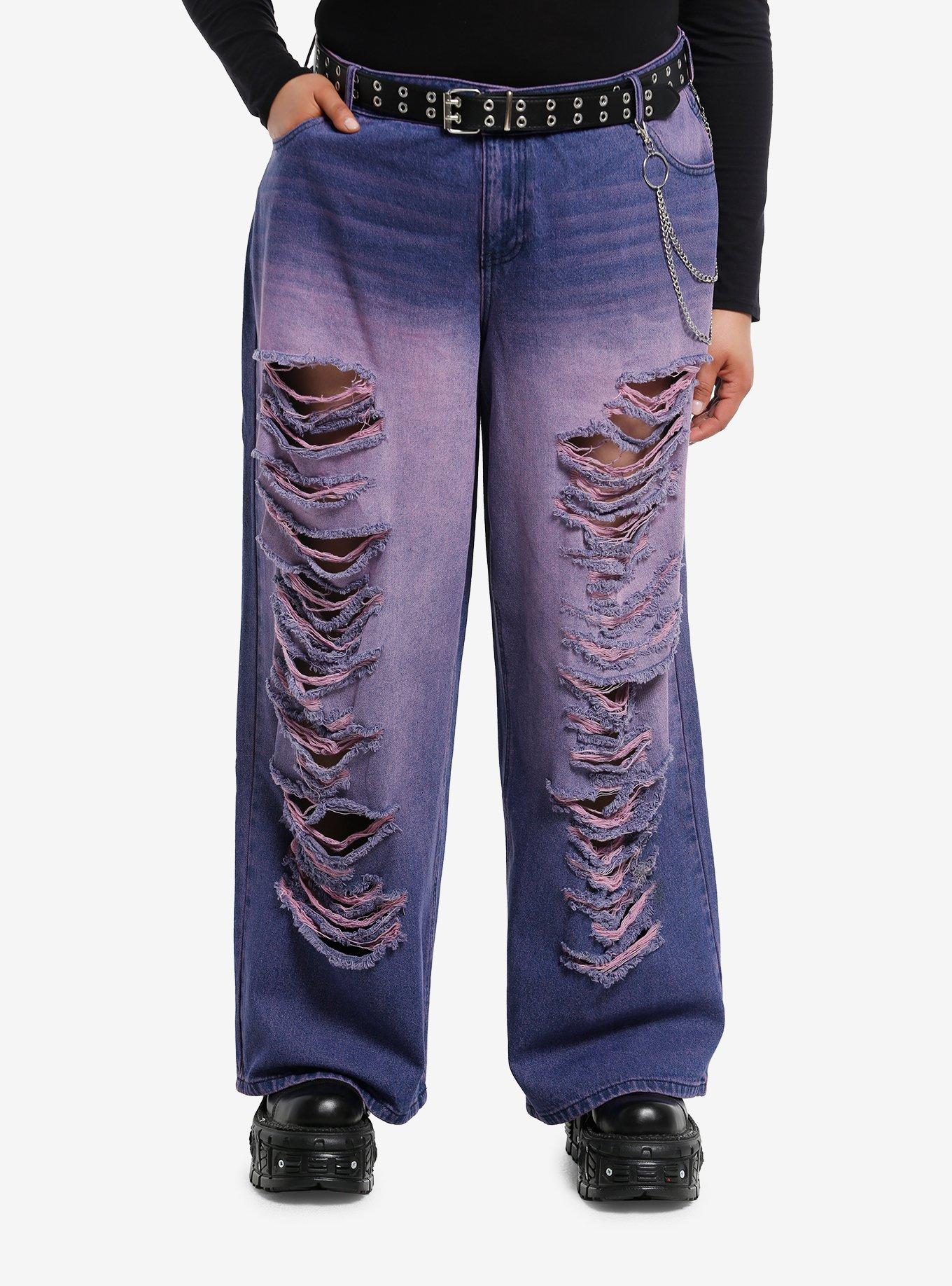 Purple Wash Destructed Girls Wide Leg Jeans Plus Size, , hi-res