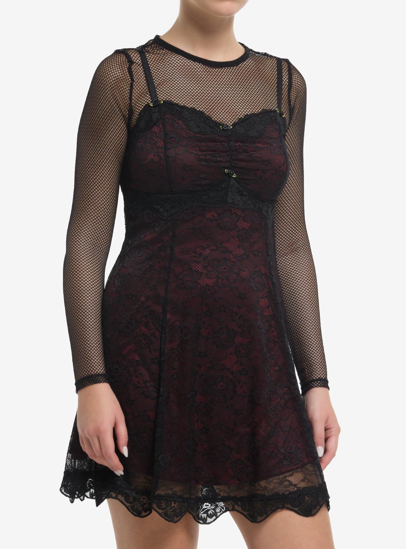 Black & Red Lace Twofer Long-Sleeve Dress, , hi-res