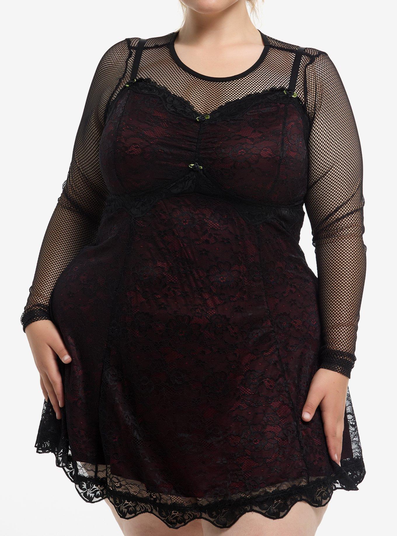 Black & Red Lace Twofer Long-Sleeve Dress Plus Size, , hi-res