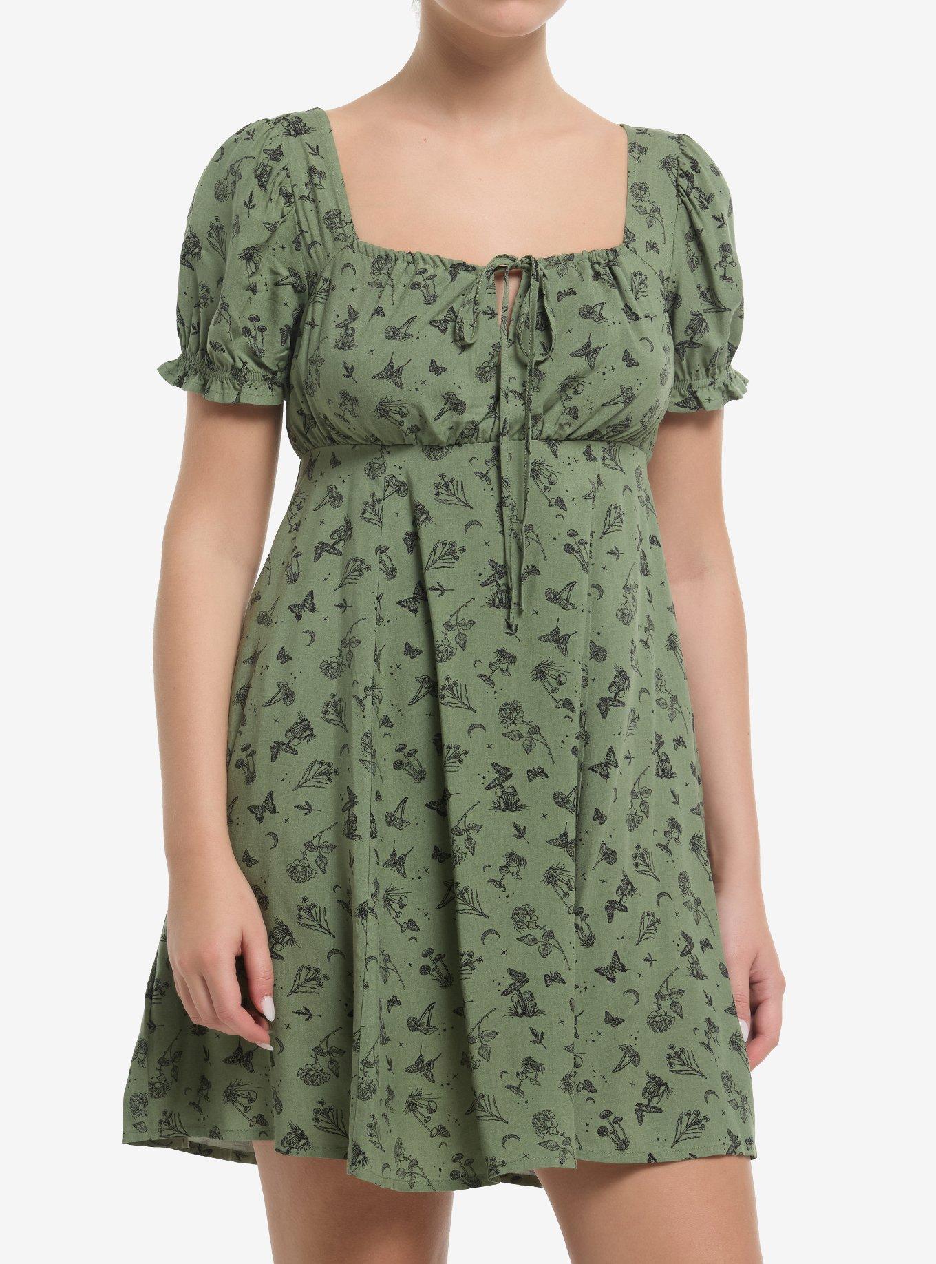 Thorn & Fable Mushrooms Flowers & Butterflies Green Babydoll Dress, , hi-res