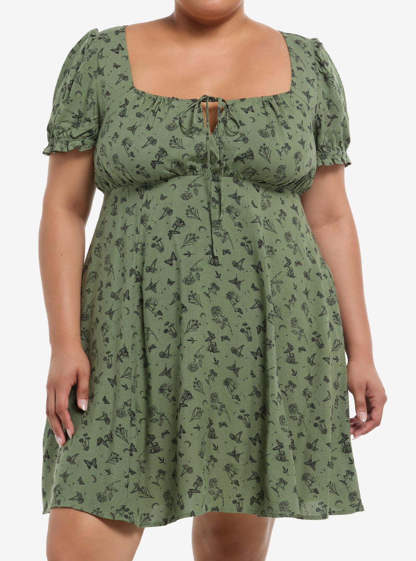 Thorn & Fable Mushrooms Flowers & Butterflies Green Babydoll Dress Plus Size, , hi-res