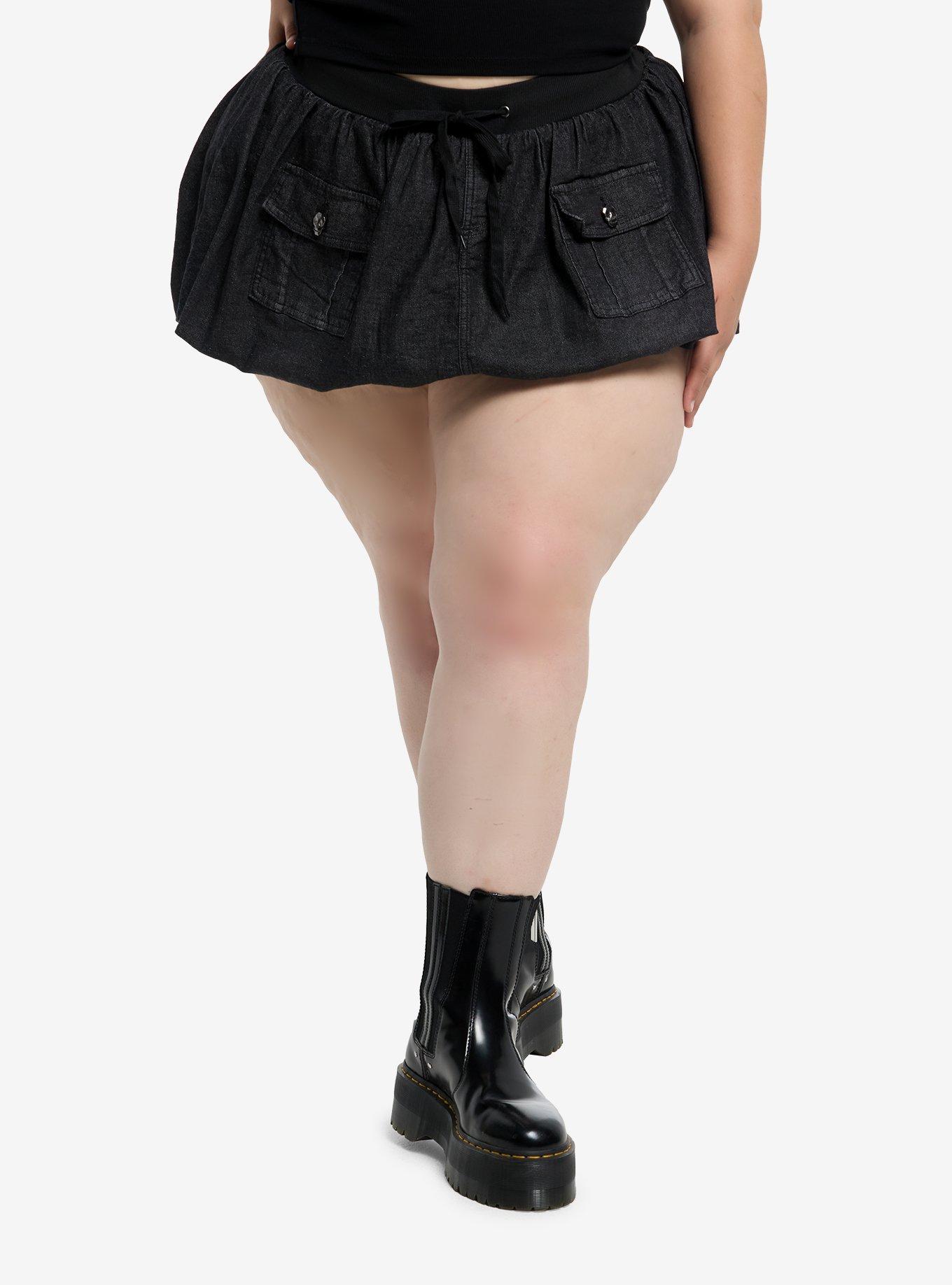 Black Cargo Denim Bubble Skort Plus Size, , hi-res