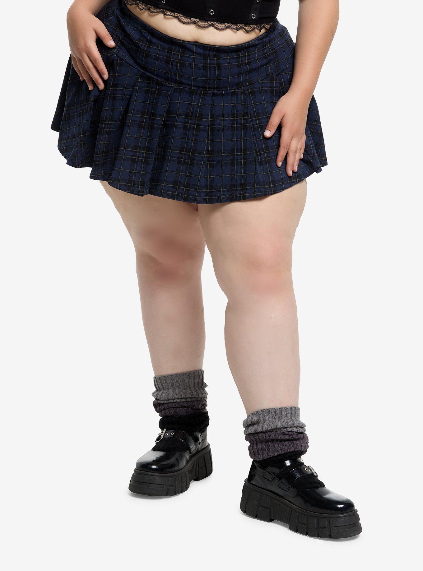 Social Collision Navy & Black Plaid Pleated Mini Skirt Plus Size, , hi-res