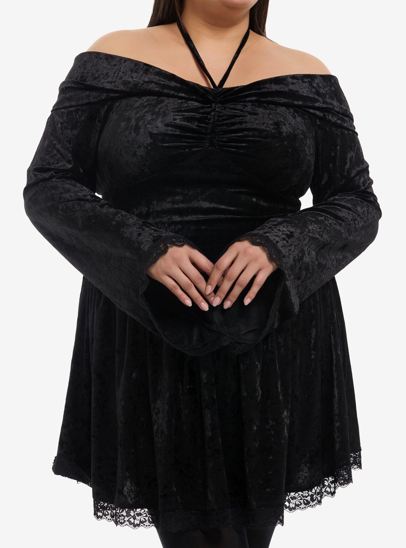 plus size velvet dress black Cosmic Aura Halter - Black Eloquii Asymmetrical Smocked Maxi charming Velvet midi and an elegant cowl Color::#24-Banana
