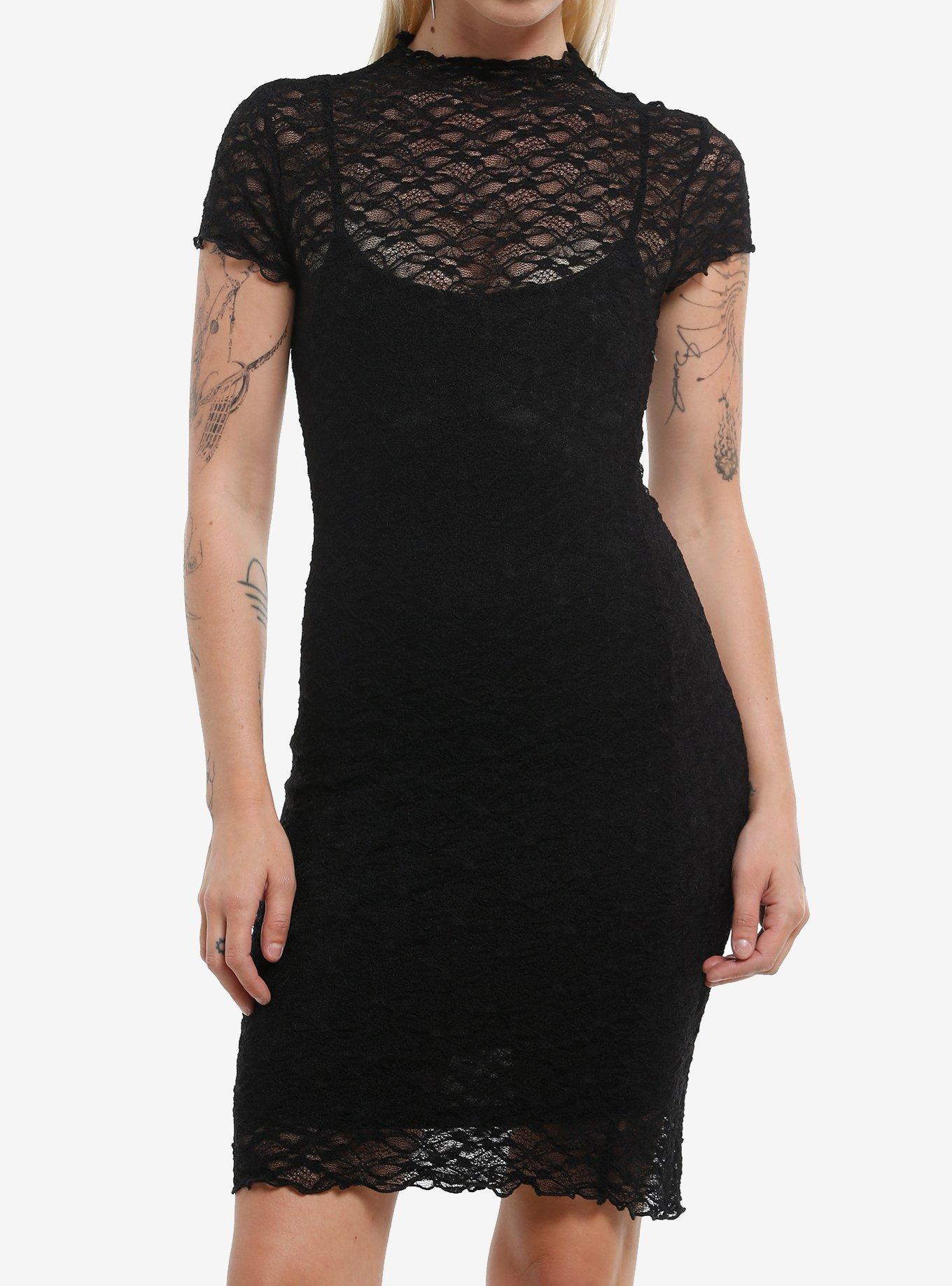 Cosmic Aura Black Lace Mock Neck Dress, , hi-res