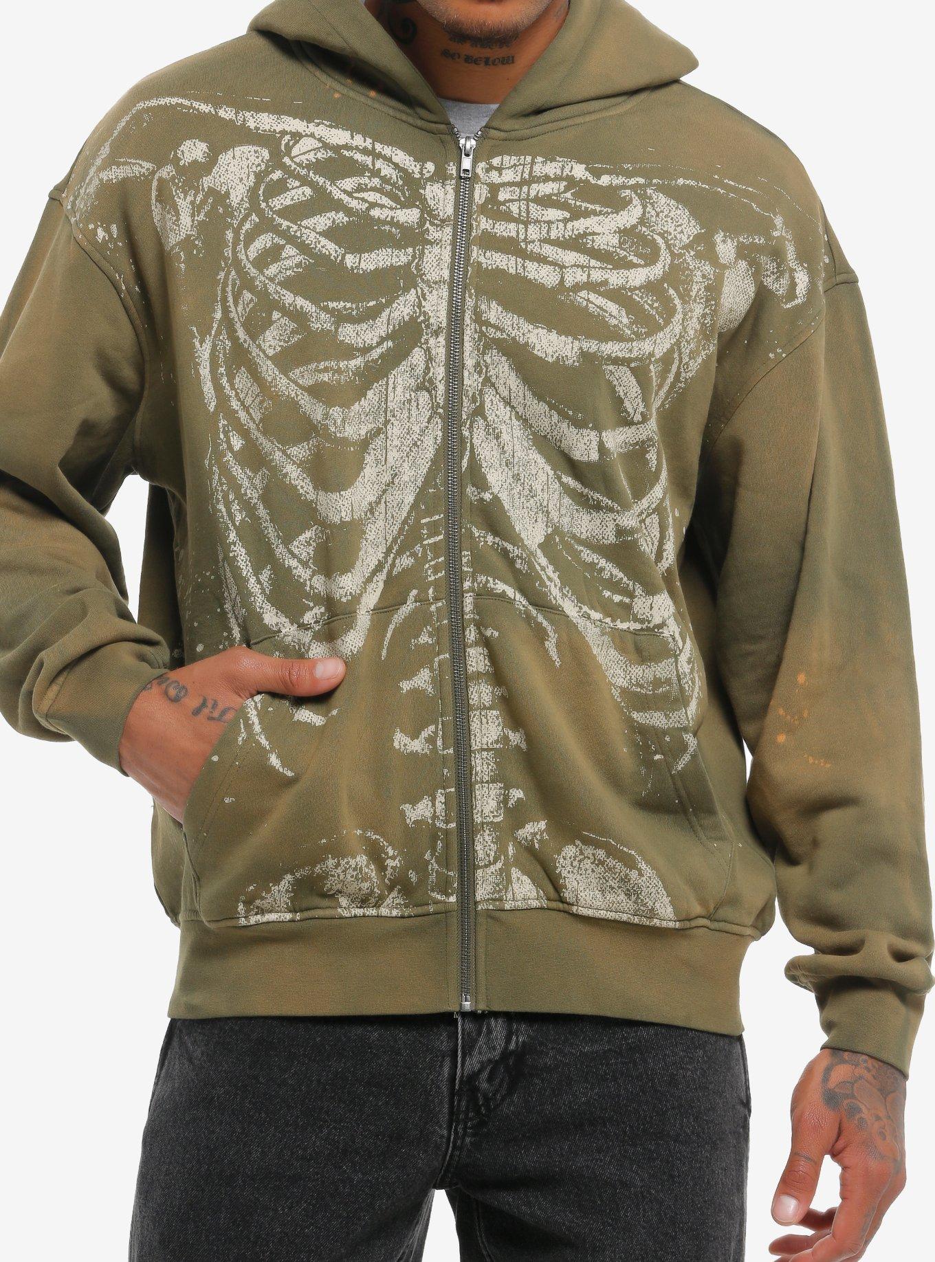 Rib Cage Olive Green Vintage Wash Hoodie, , hi-res