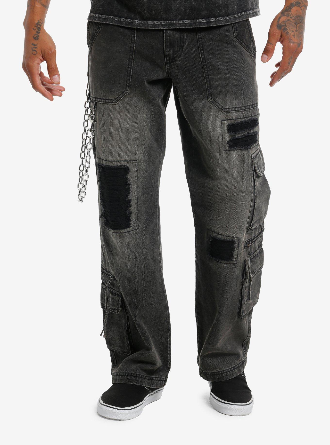 Faded Black Wash Distressed Wide Leg Cargo Jeans, , hi-res