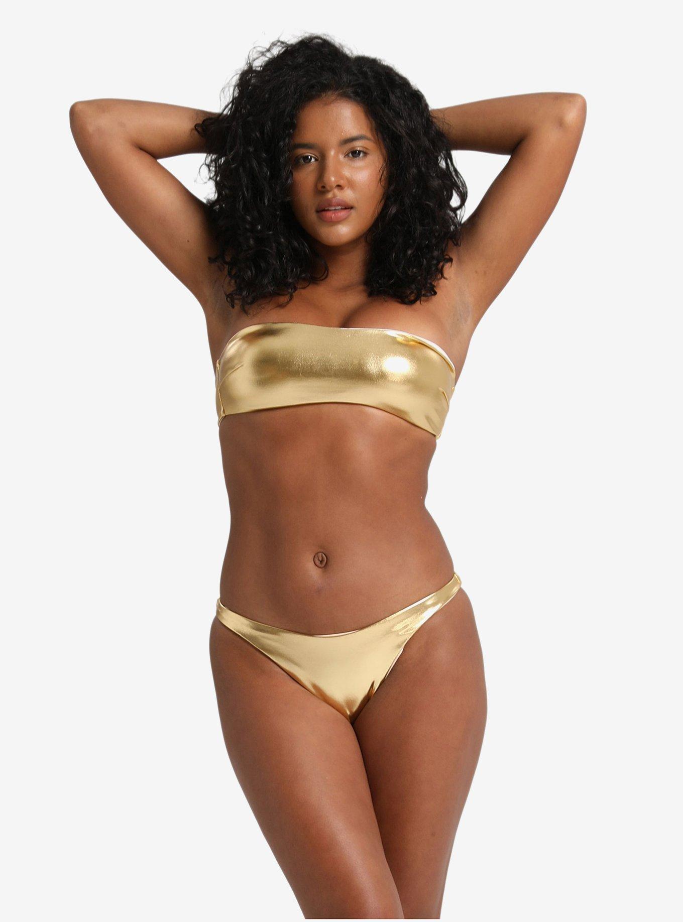 LECHERY Metallic Gold Lustrous Bandeau Swim Top, GOLD, hi-res