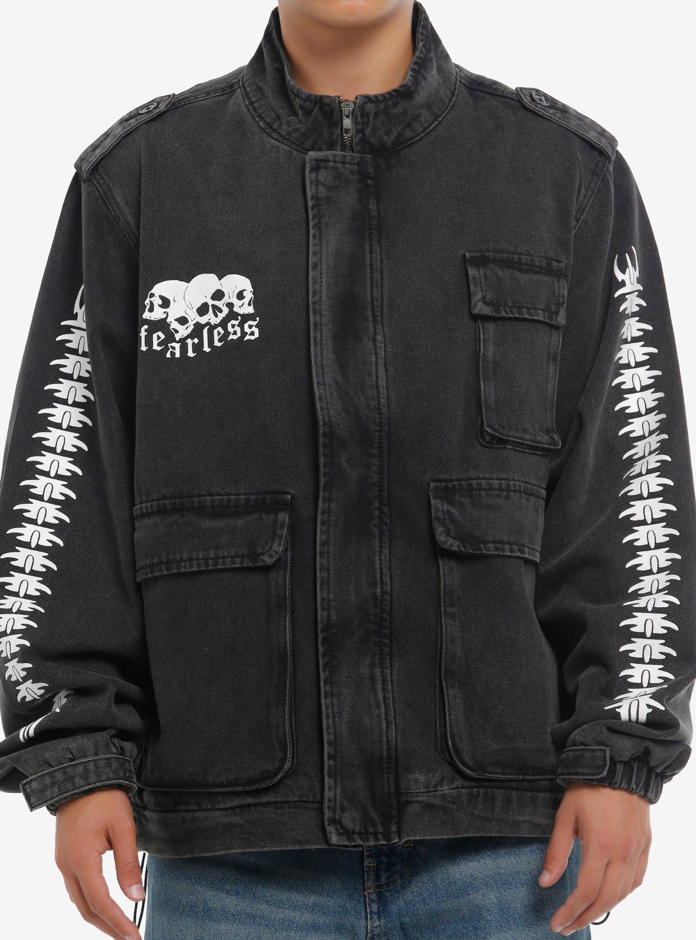Black Denim Skulls & Bones Utility Jacket, , hi-res