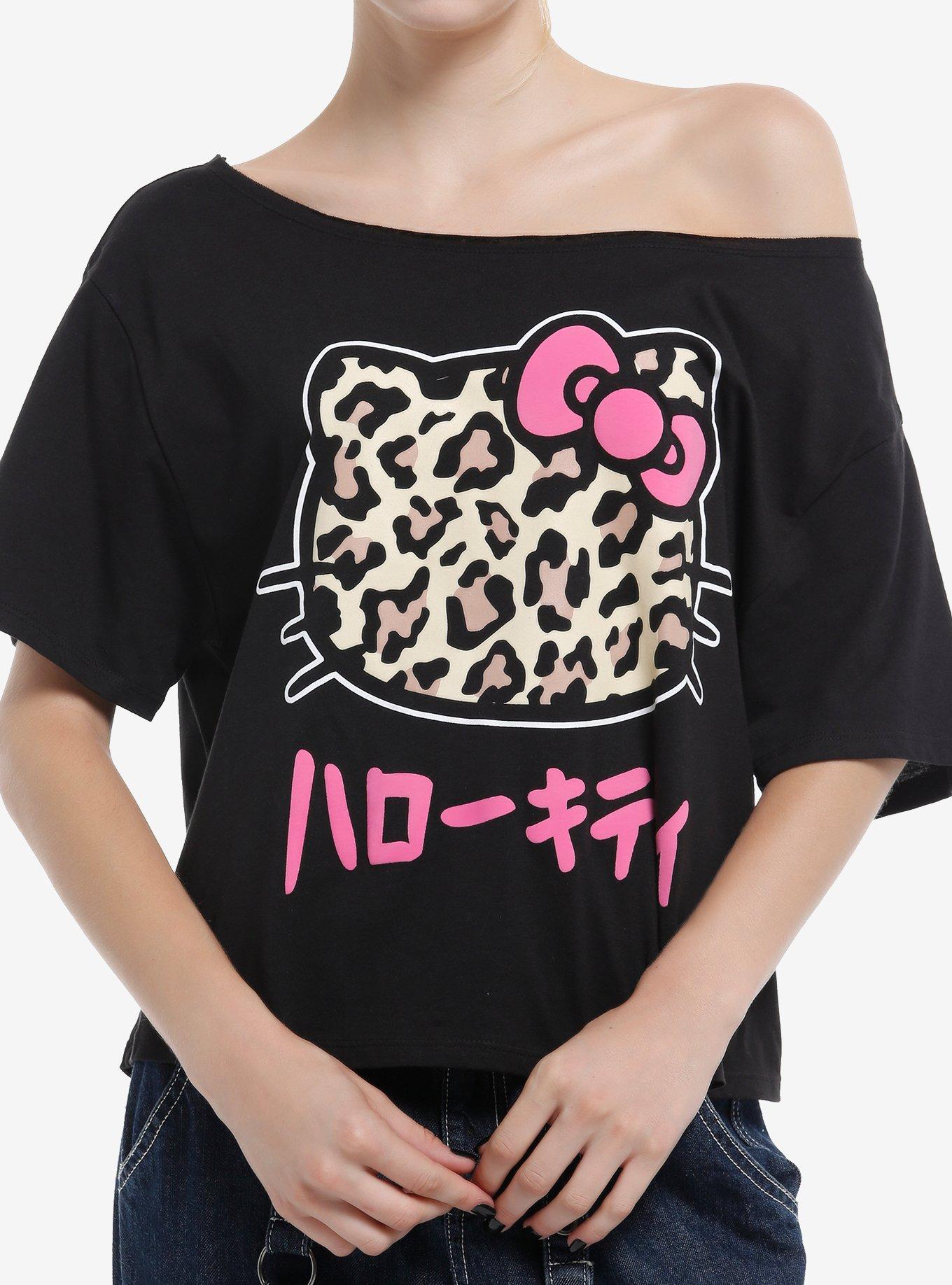 Hello Kitty Leopard Off-The-Shoulder Girls T-Shirt, , hi-res