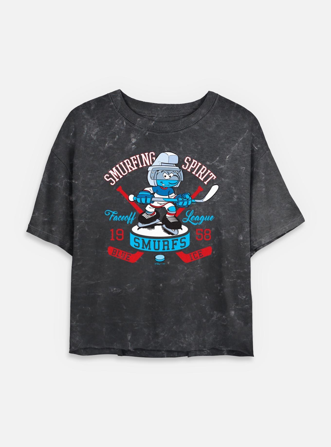 The Smurfs Smurfing Spirit Hockey Mineral Wash Womens Crop T-Shirt, BLACK, hi-res