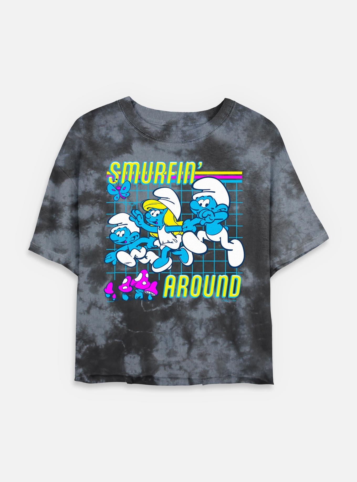 The Smurfs Smurfin Around Tie Dye Crop Womens T-Shirt, BLKCHAR, hi-res