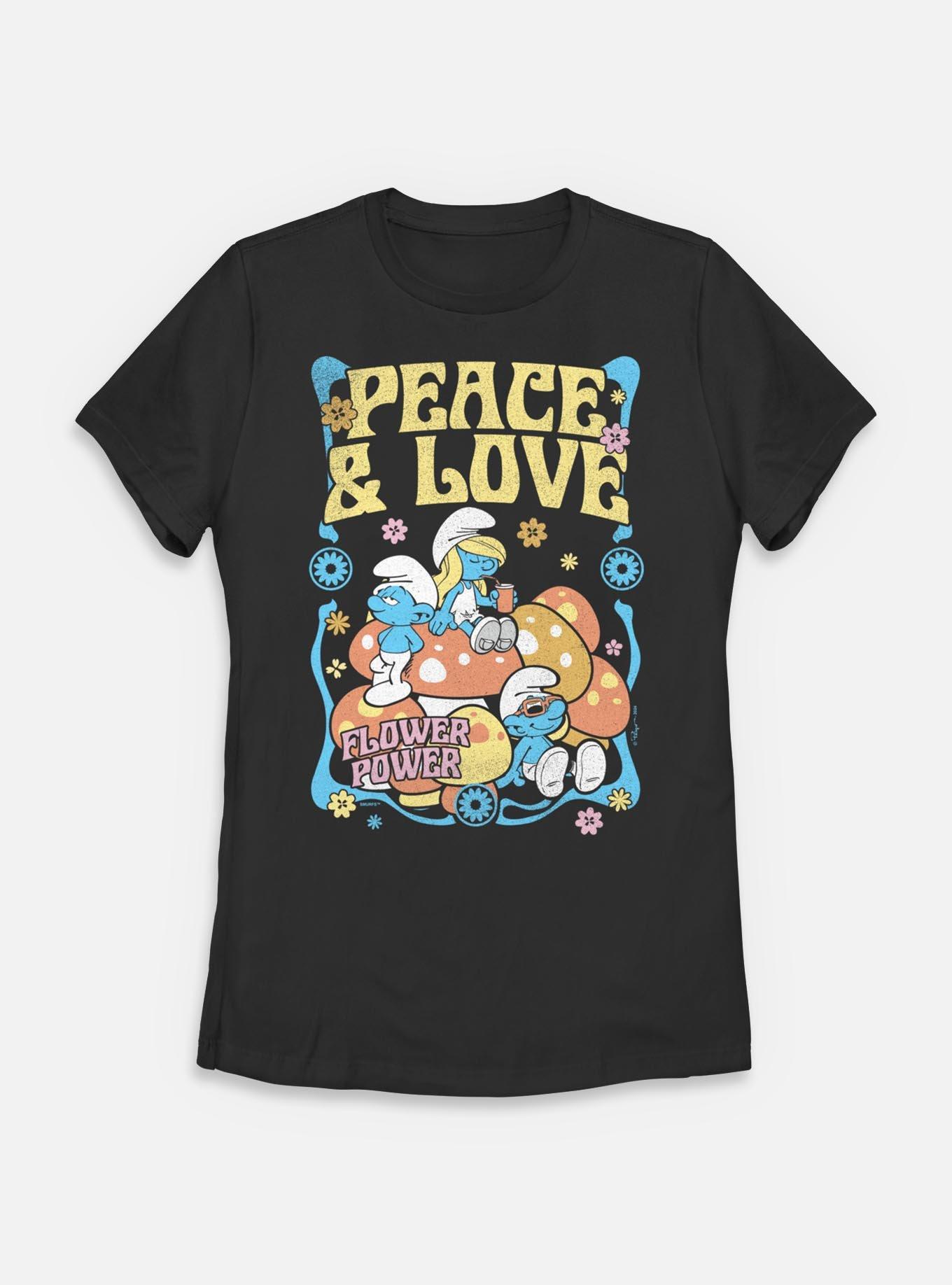 The Smurfs Peace & Love Womens T-Shirt, BLACK, hi-res