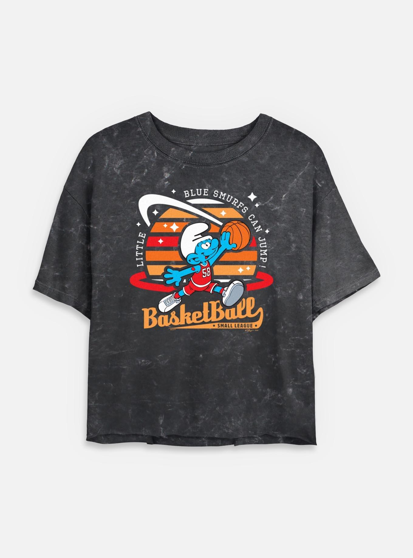 The Smurfs Basketball Small League Mineral Wash Womens Crop T-Shirt, BLACK, hi-res