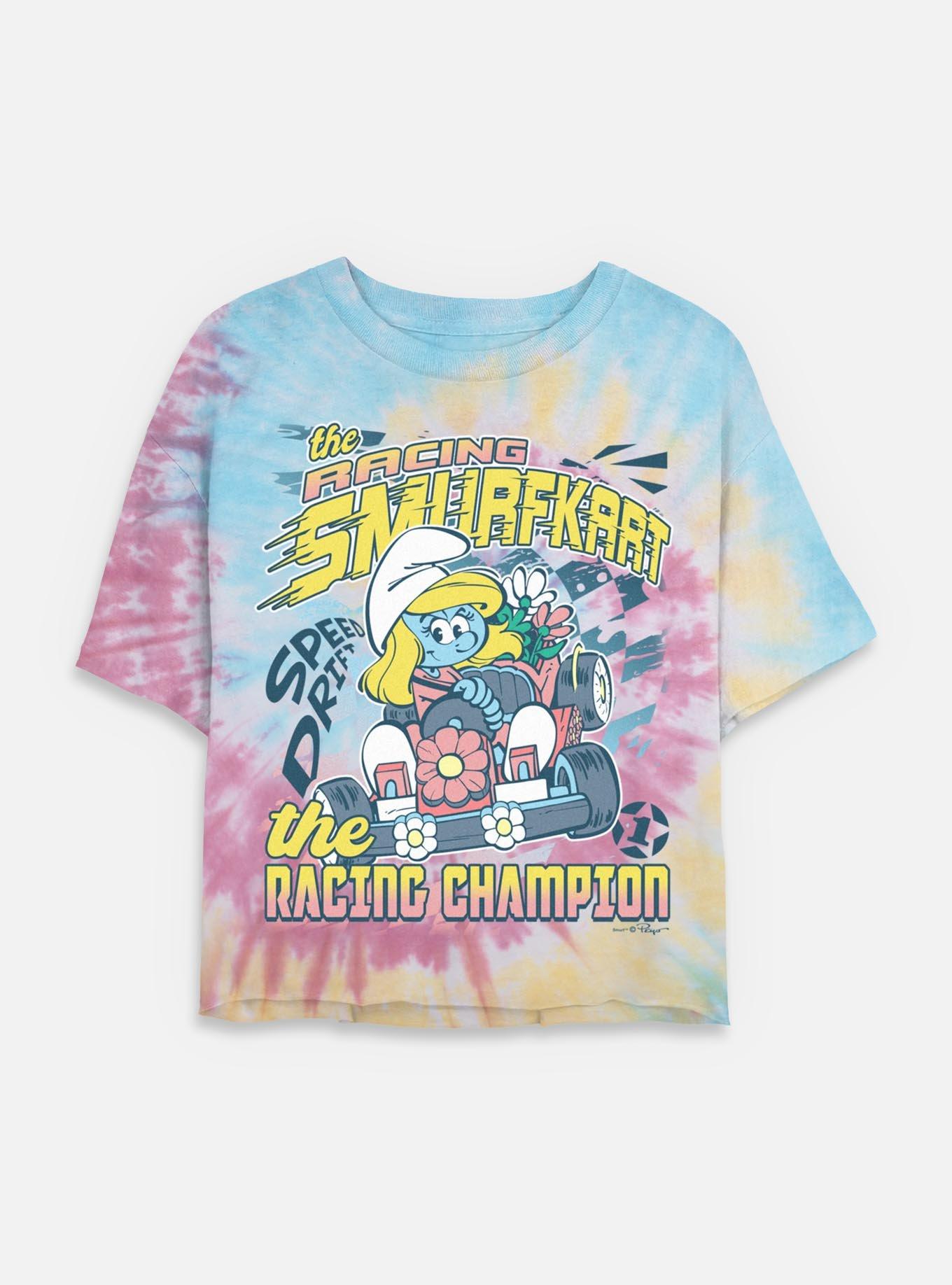 The Smurfs The Racing Smurfkart Tie Dye Crop Womens  T-Shirt, BLUPNKLY, hi-res