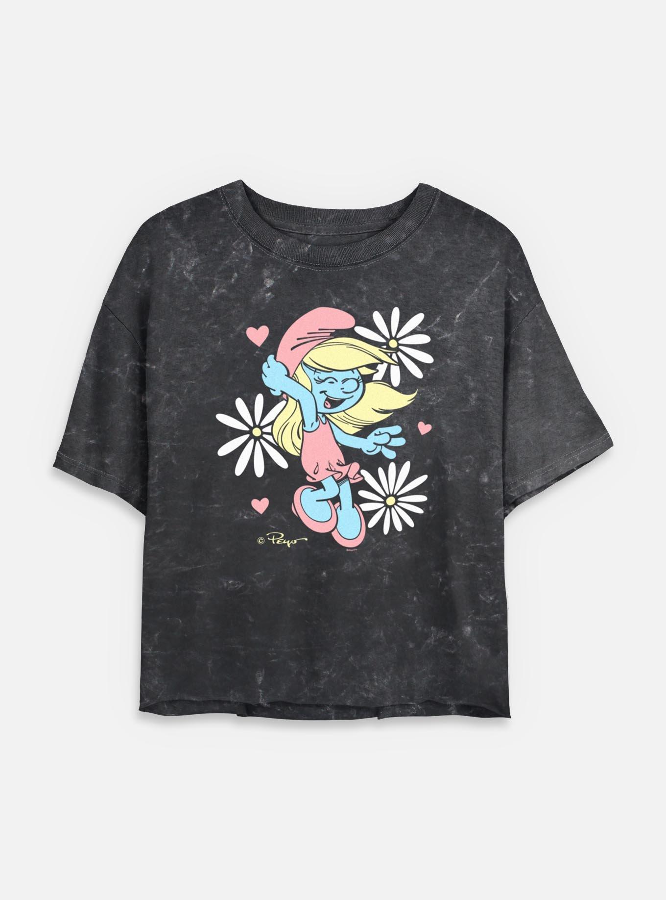 The Smurfs Floral Daisy Smurf Mineral Wash Womens Crop T-Shirt, BLACK, hi-res