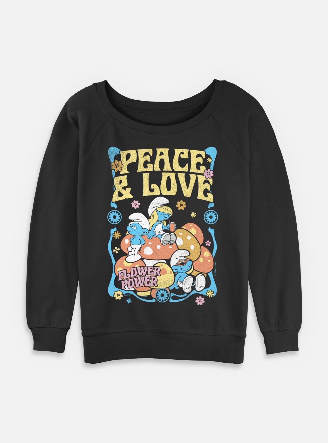 The Smurfs Peace & Love Womens Slouchy Sweatshirt, BLACK, hi-res