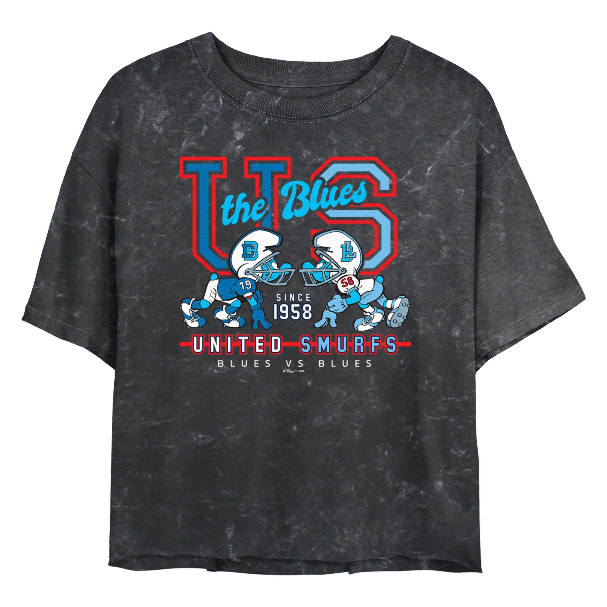 The Smurfs Blues Vs Blues Girls Mineral Wash Crop T-Shirt, BLACK, hi-res