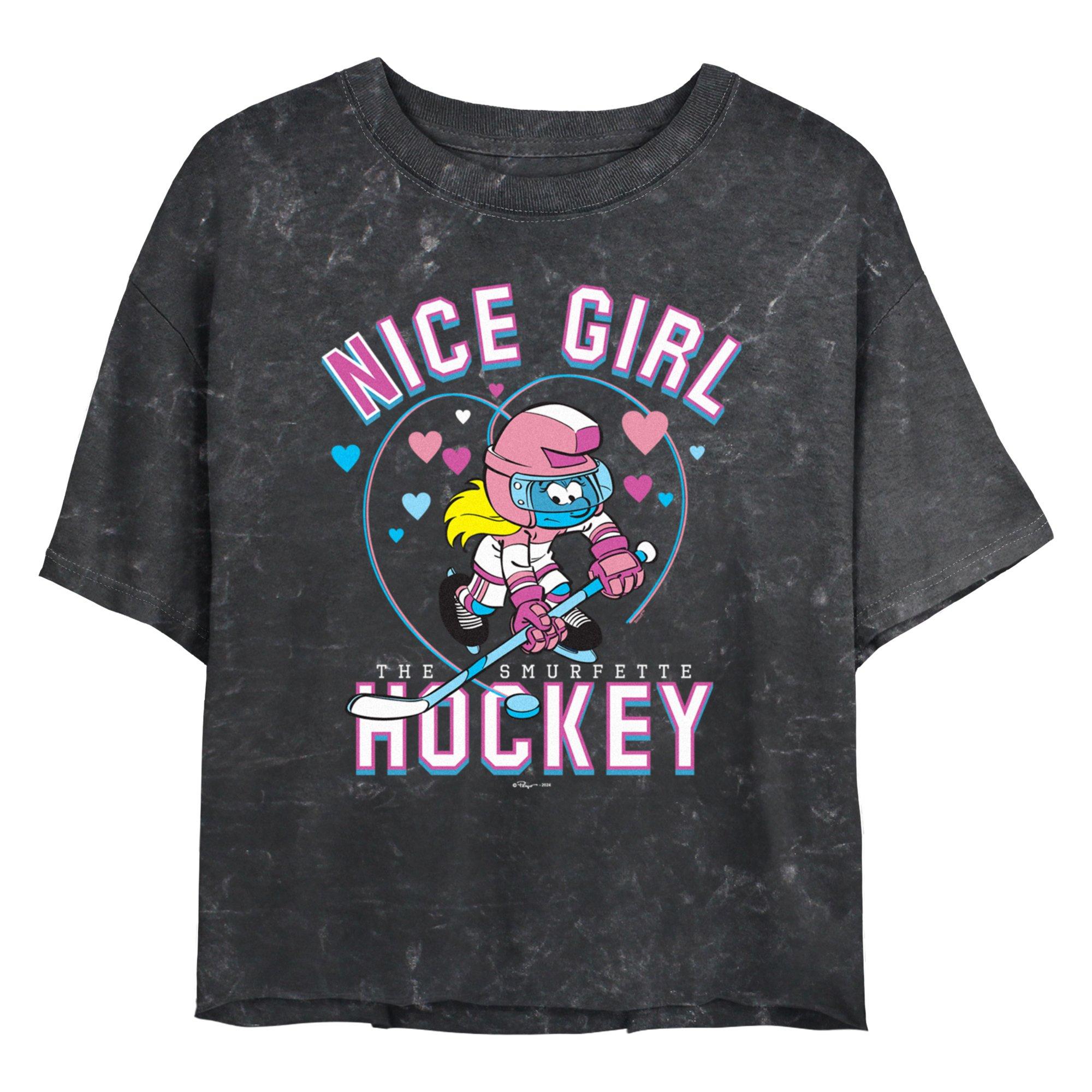 The Smurfs Nice Girl Hockey Girls Mineral Wash Crop T-Shirt, BLACK, hi-res