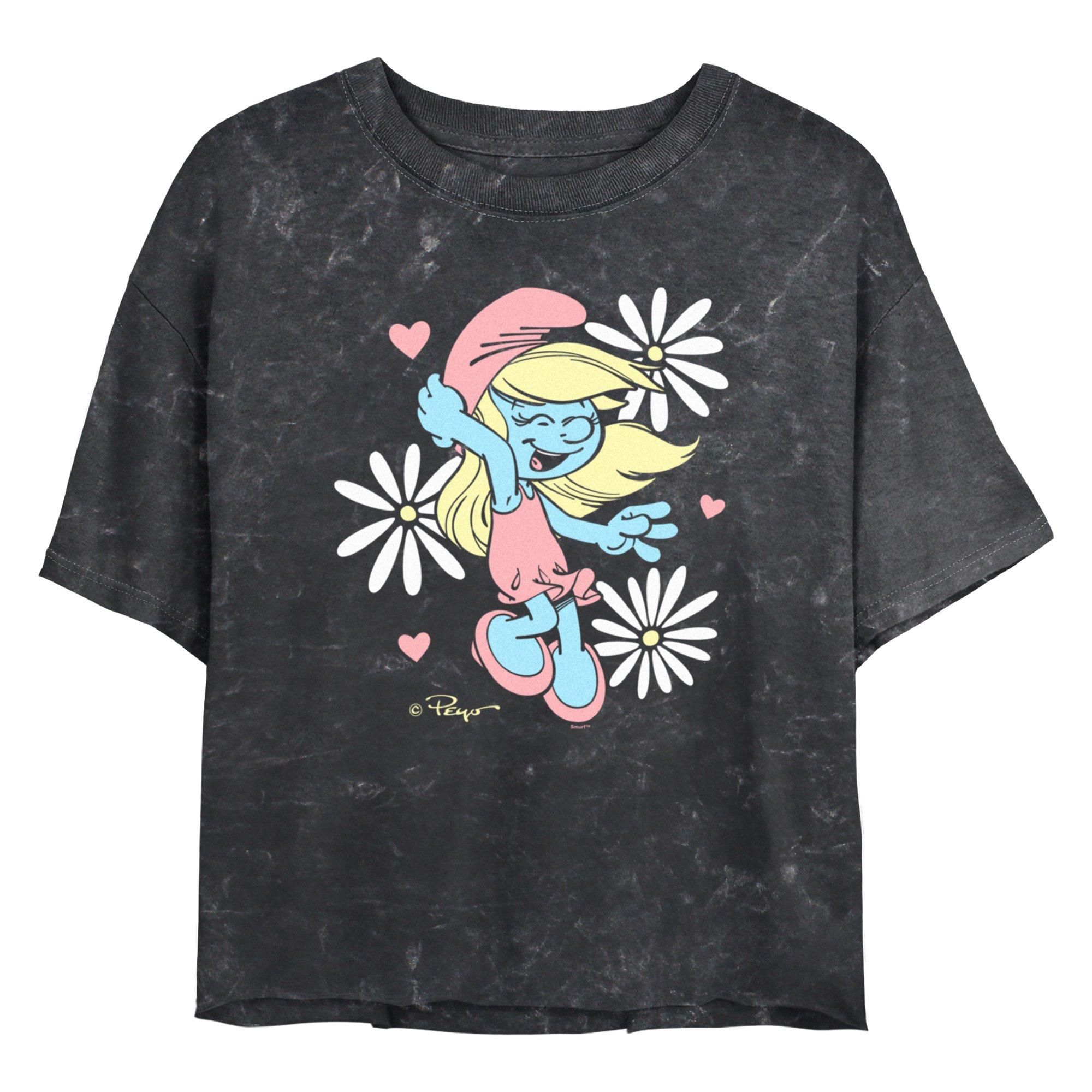 The Smurfs Smurfette Daisies Girls Mineral Wash Crop T-Shirt, BLACK, hi-res