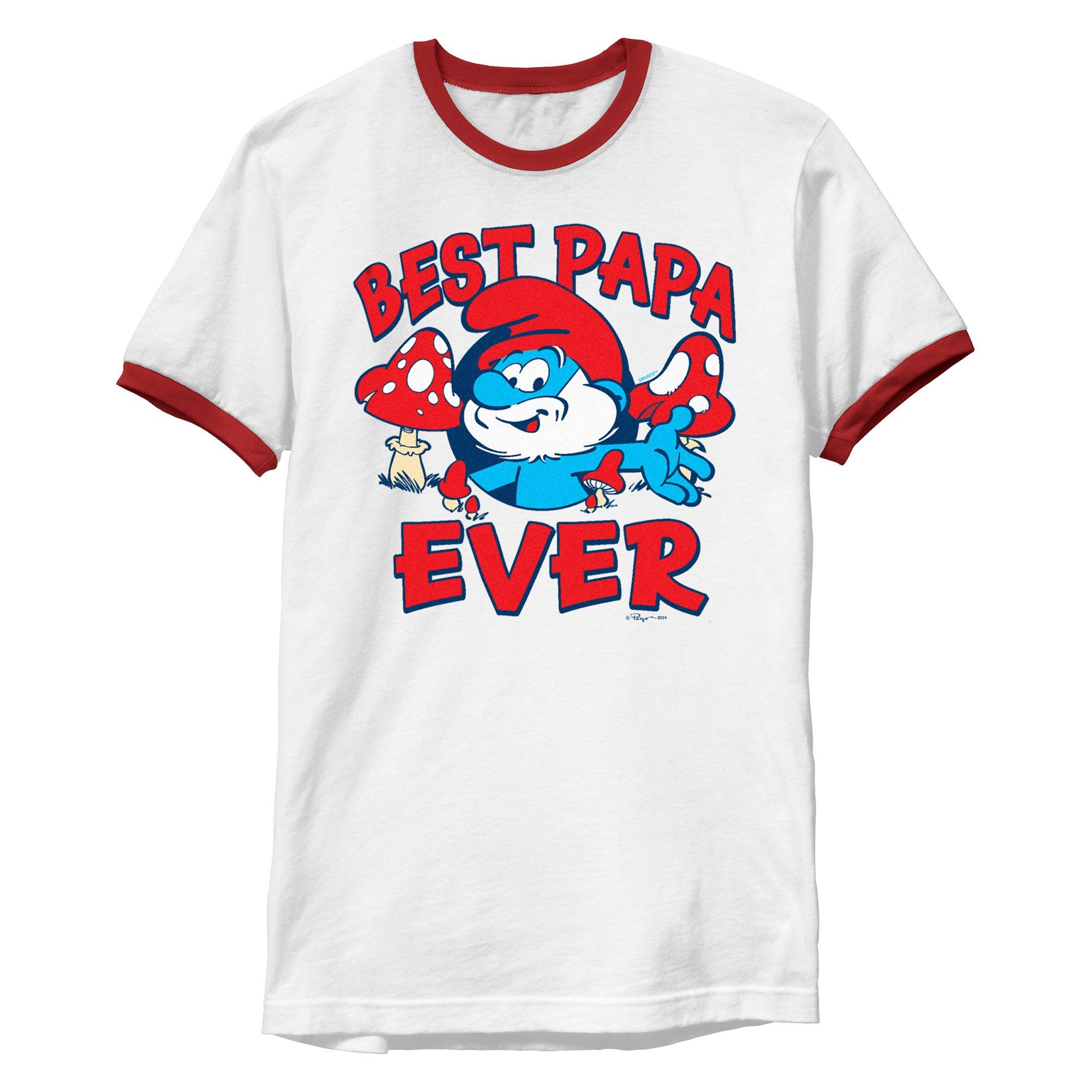 The Smurfs Best Papa Ever Ringer T-Shirt, WHTRED, hi-res