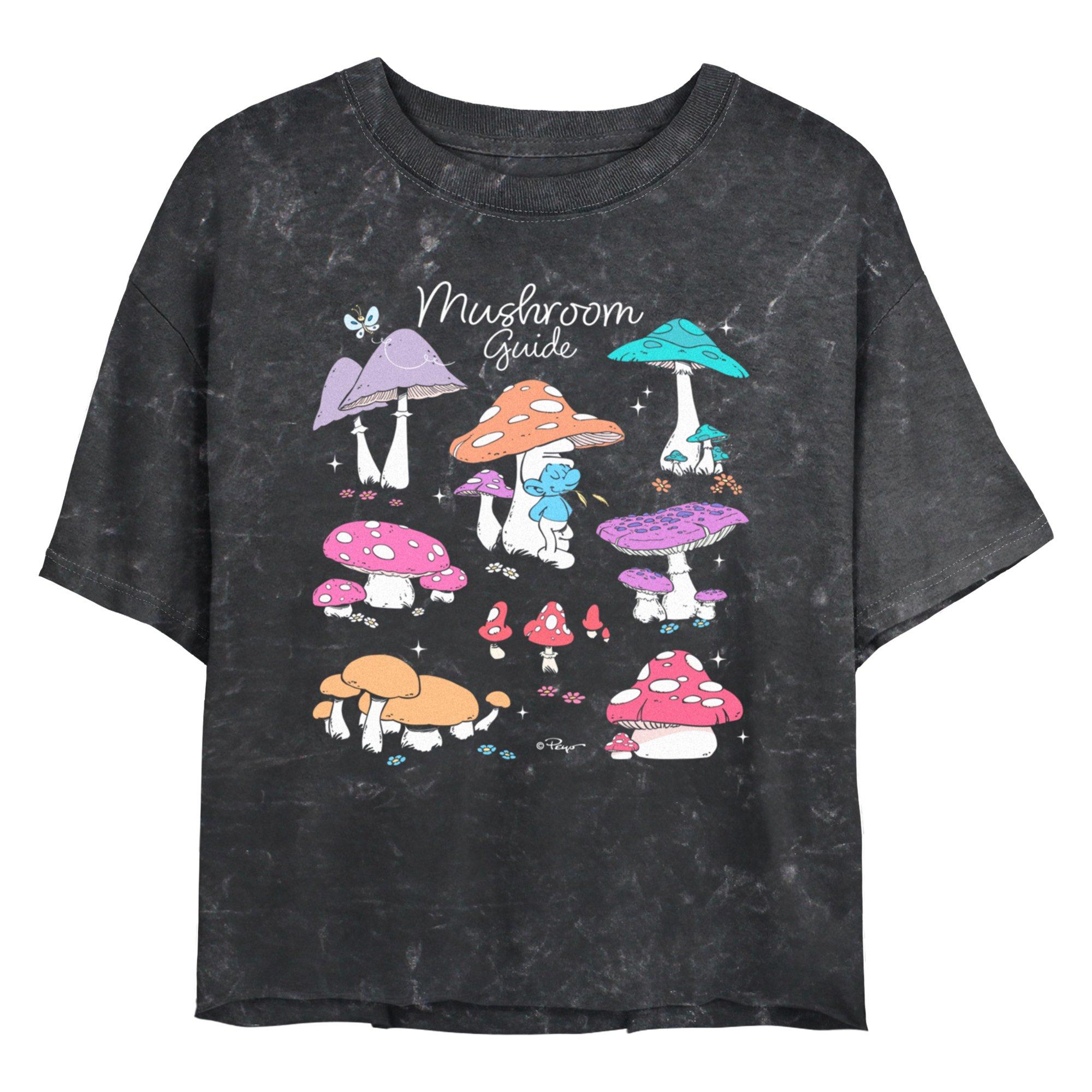 The Smurfs Mushroom Guide Girls Mineral Wash Crop T-Shirt, BLACK, hi-res