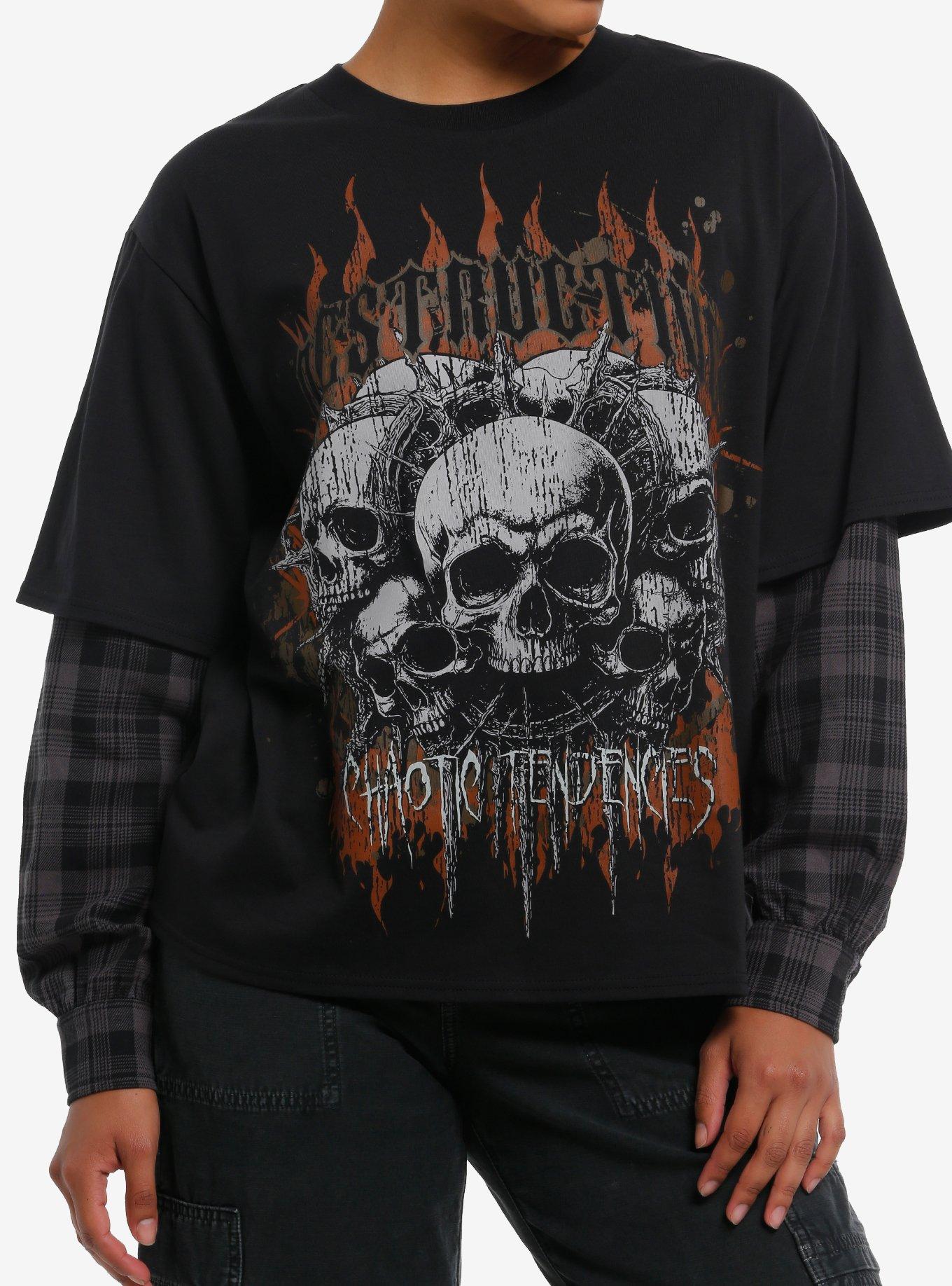 Destructive Skulls & Flames Plaid Girls Twofer Long-Sleeve Top, , hi-res