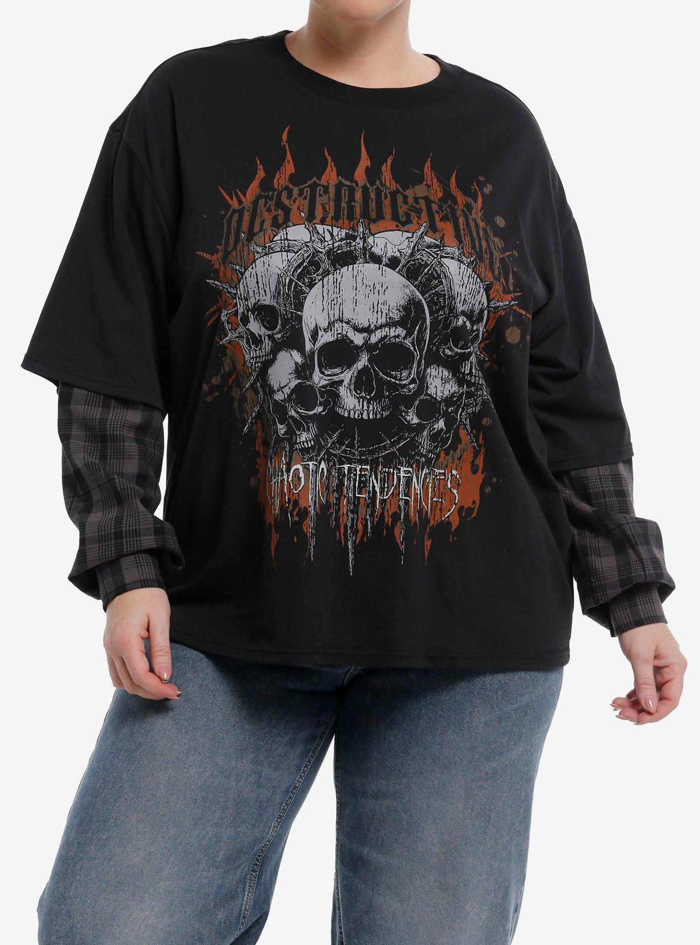 Destructive Skulls & Flames Plaid Girls Twofer Long-Sleeve Top Plus Size, , hi-res