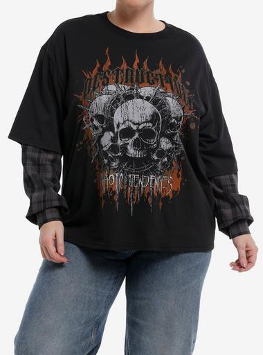 Destructive Skulls & Flames Plaid Girls Long-Sleeve Top Plus Size