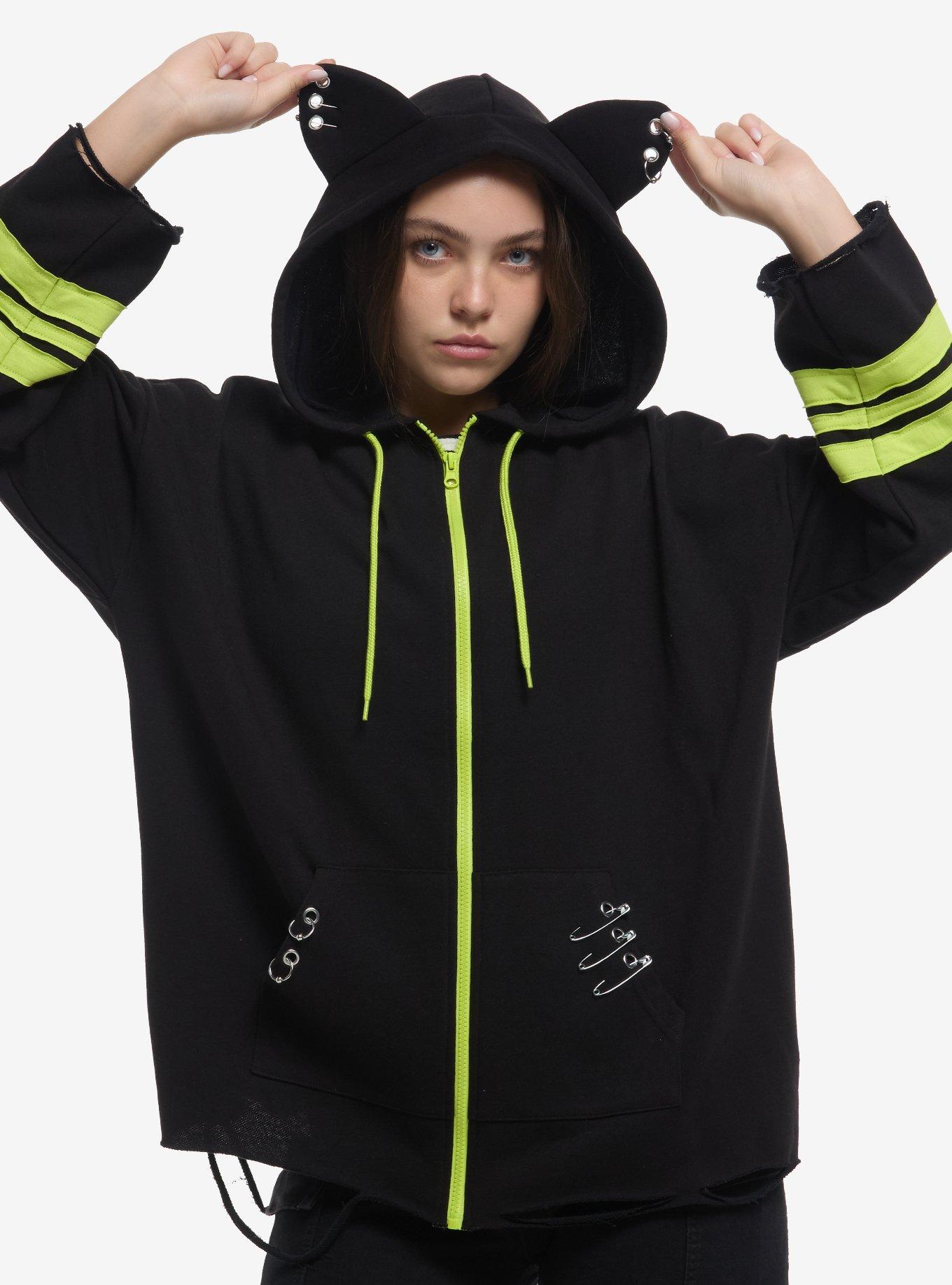 Black & Lime Green Cat Ear Hardware Girls Hoodie, , hi-res