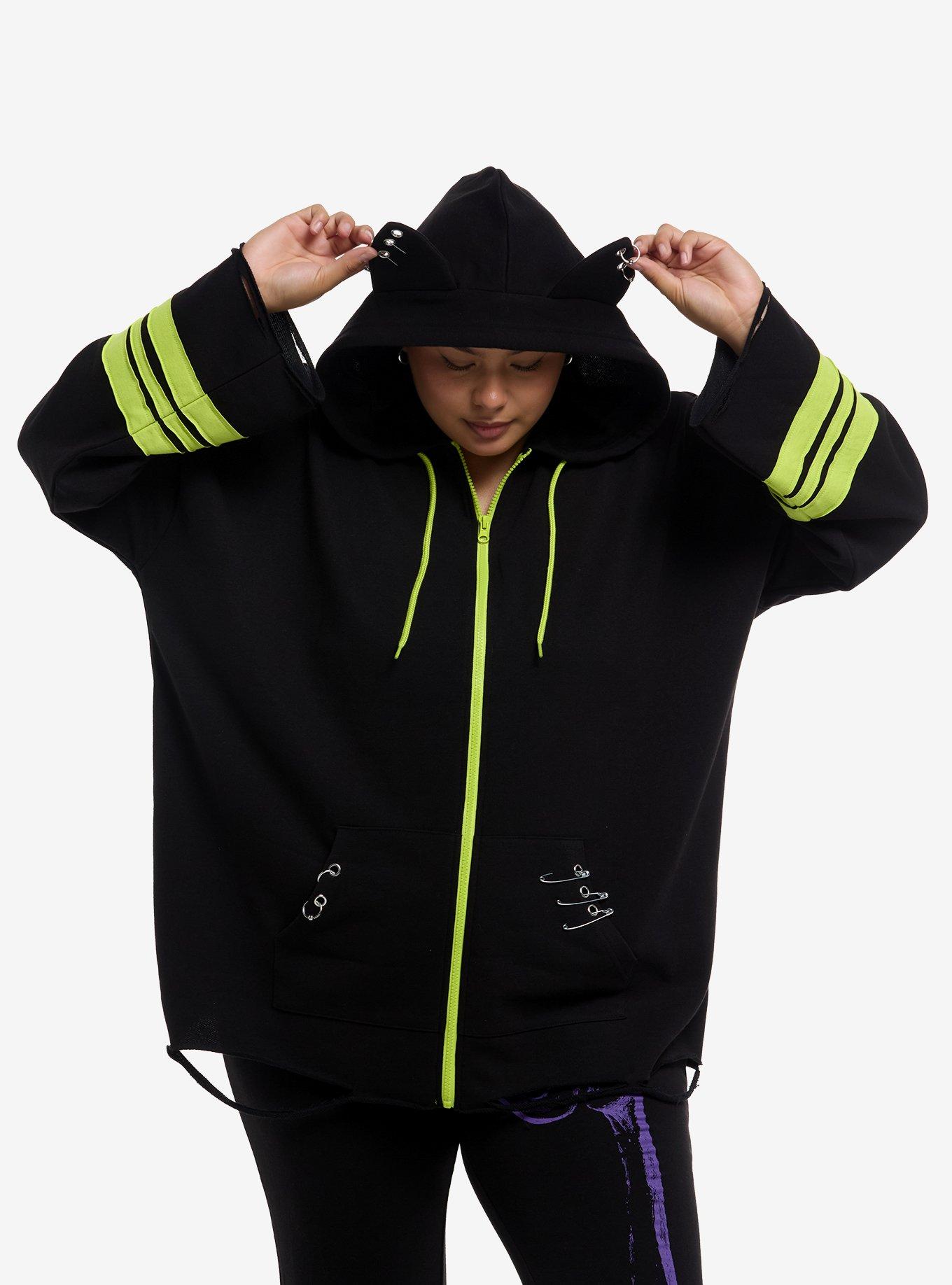 Black & Lime Green Cat Ear Hardware Girls Hoodie Plus Size, , hi-res