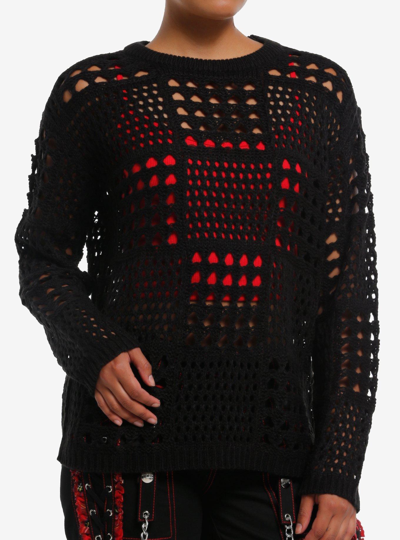 Social Collision Black Open Knit Girls Sweater, , hi-res