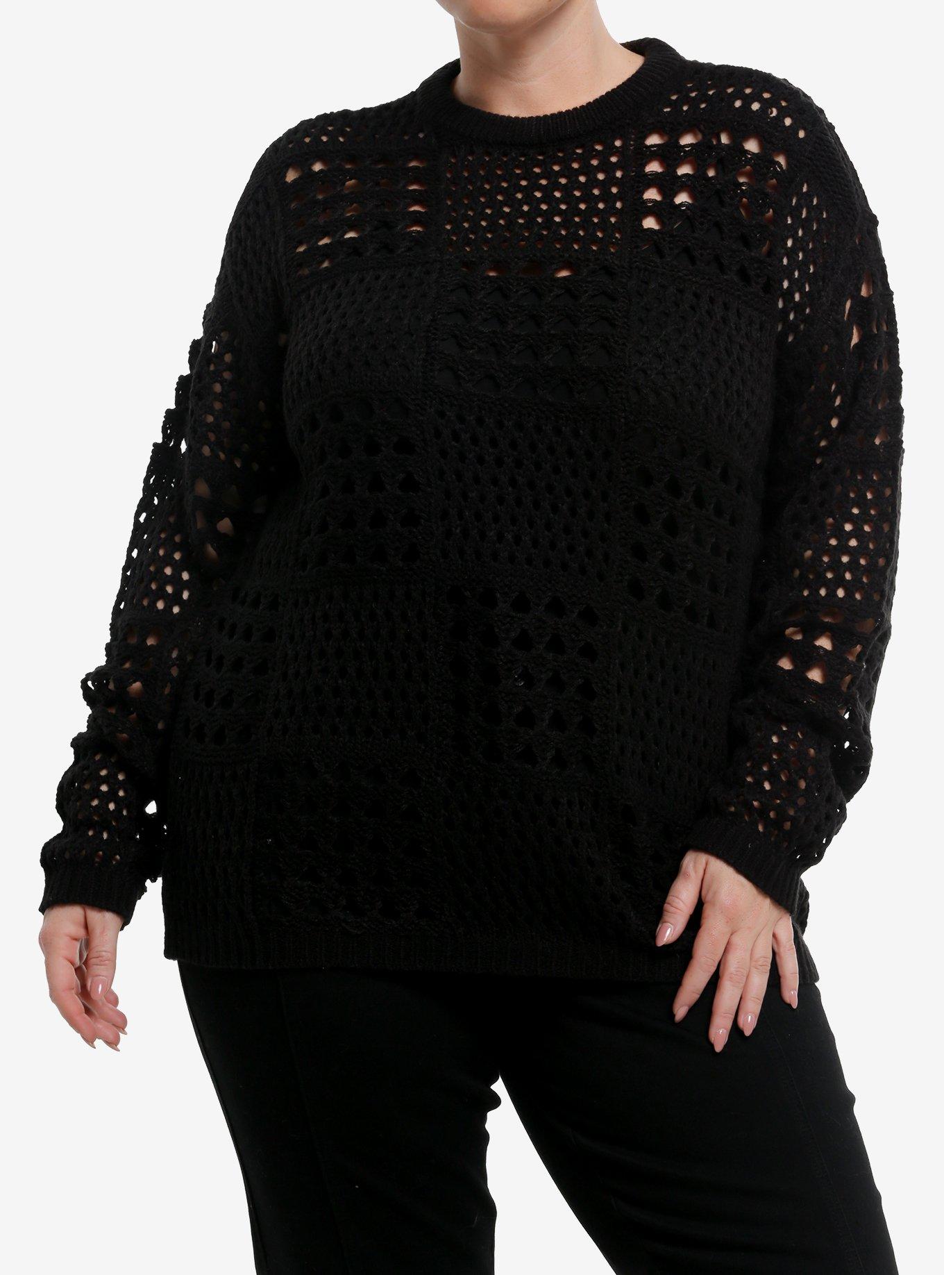 Social Collision Black Open Knit Girls Sweater Plus Size, , hi-res