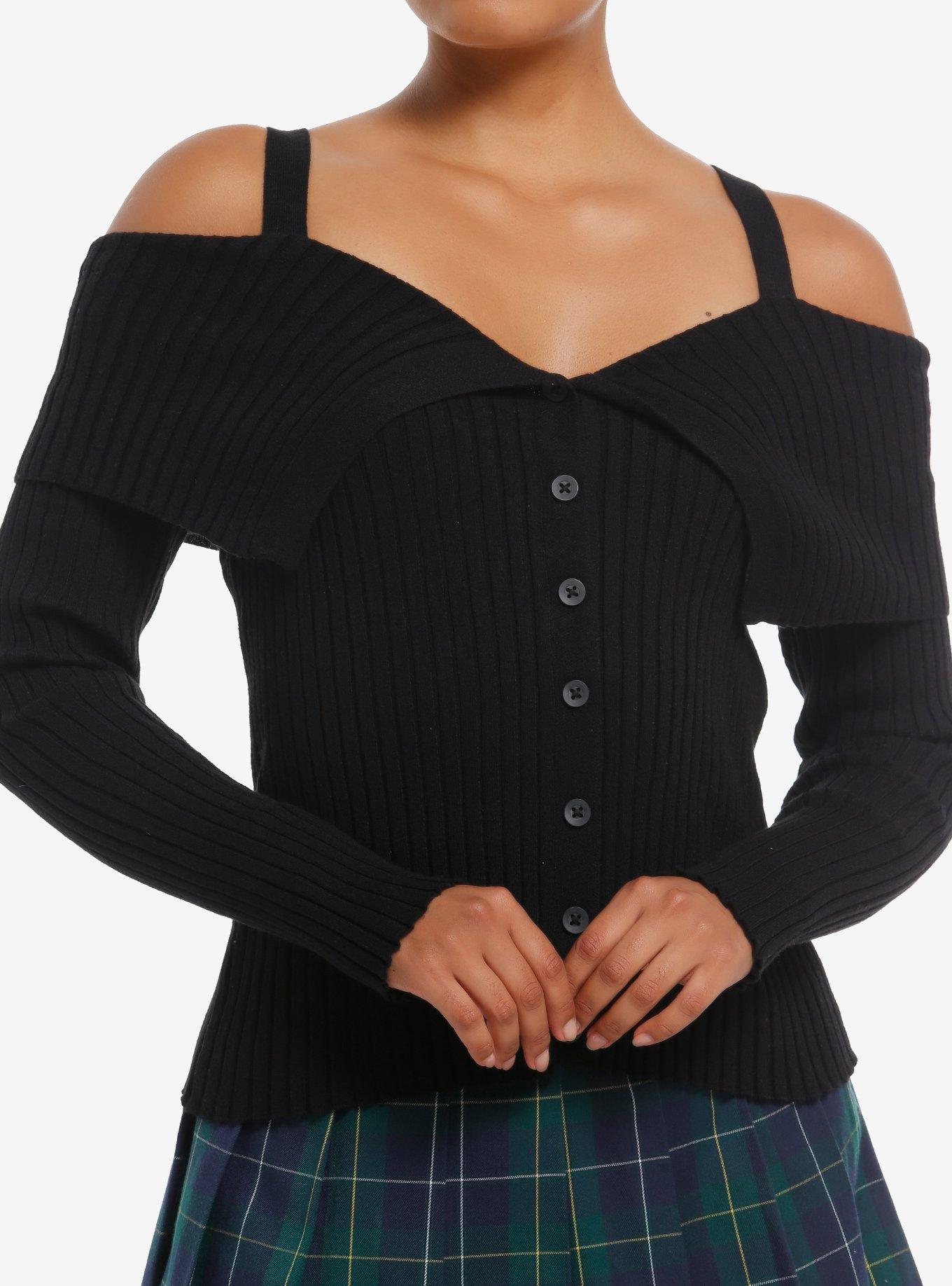 Social Collision Black Cold Shoulder Girls Crop Sweater, , hi-res