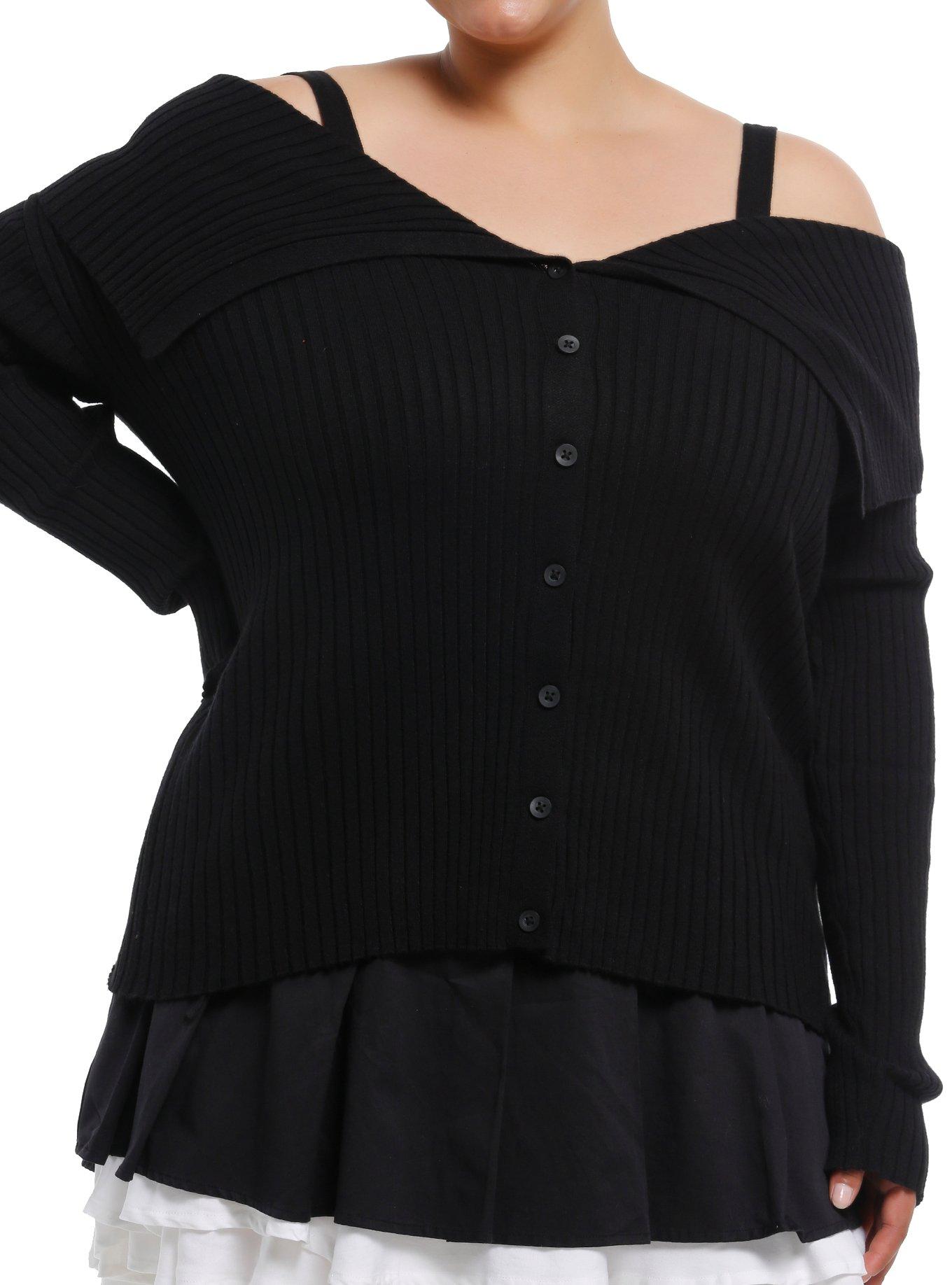 Social Collision Black Cold Shoulder Girls Crop Sweater Plus Size, , hi-res